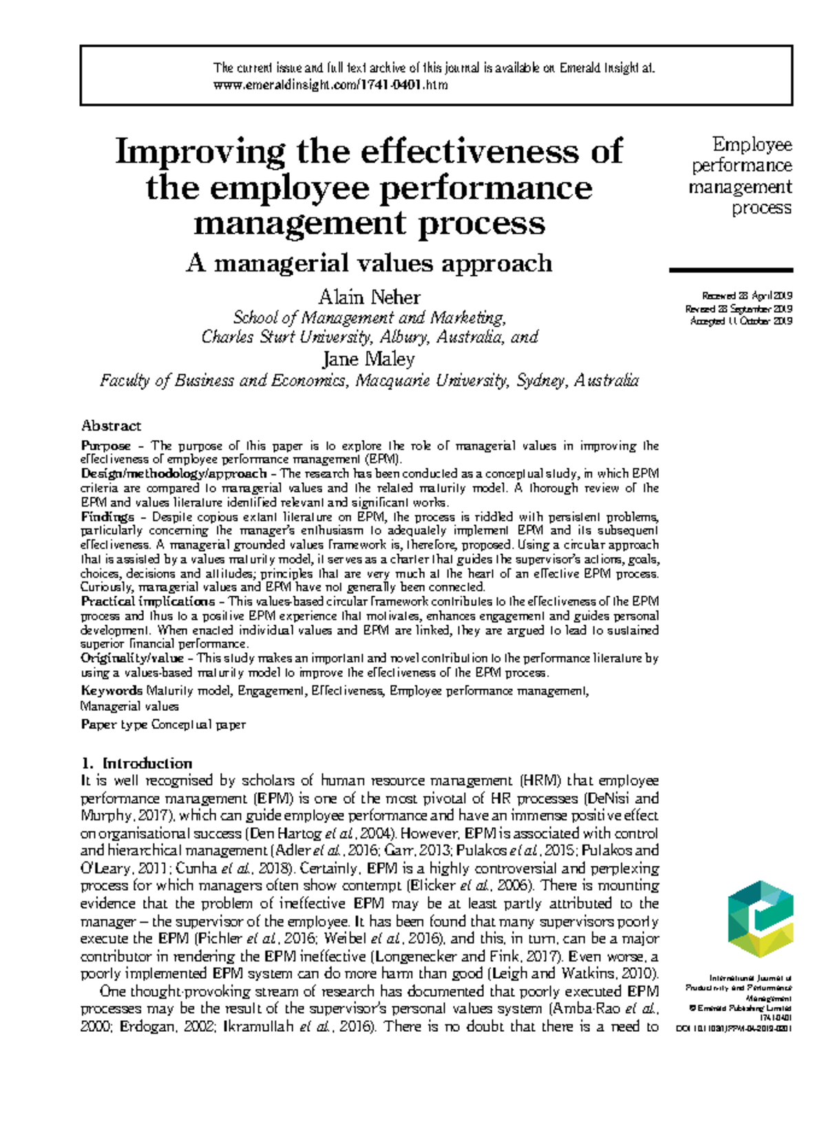 Improving Employee Performance Management: A Values Approach - Studocu