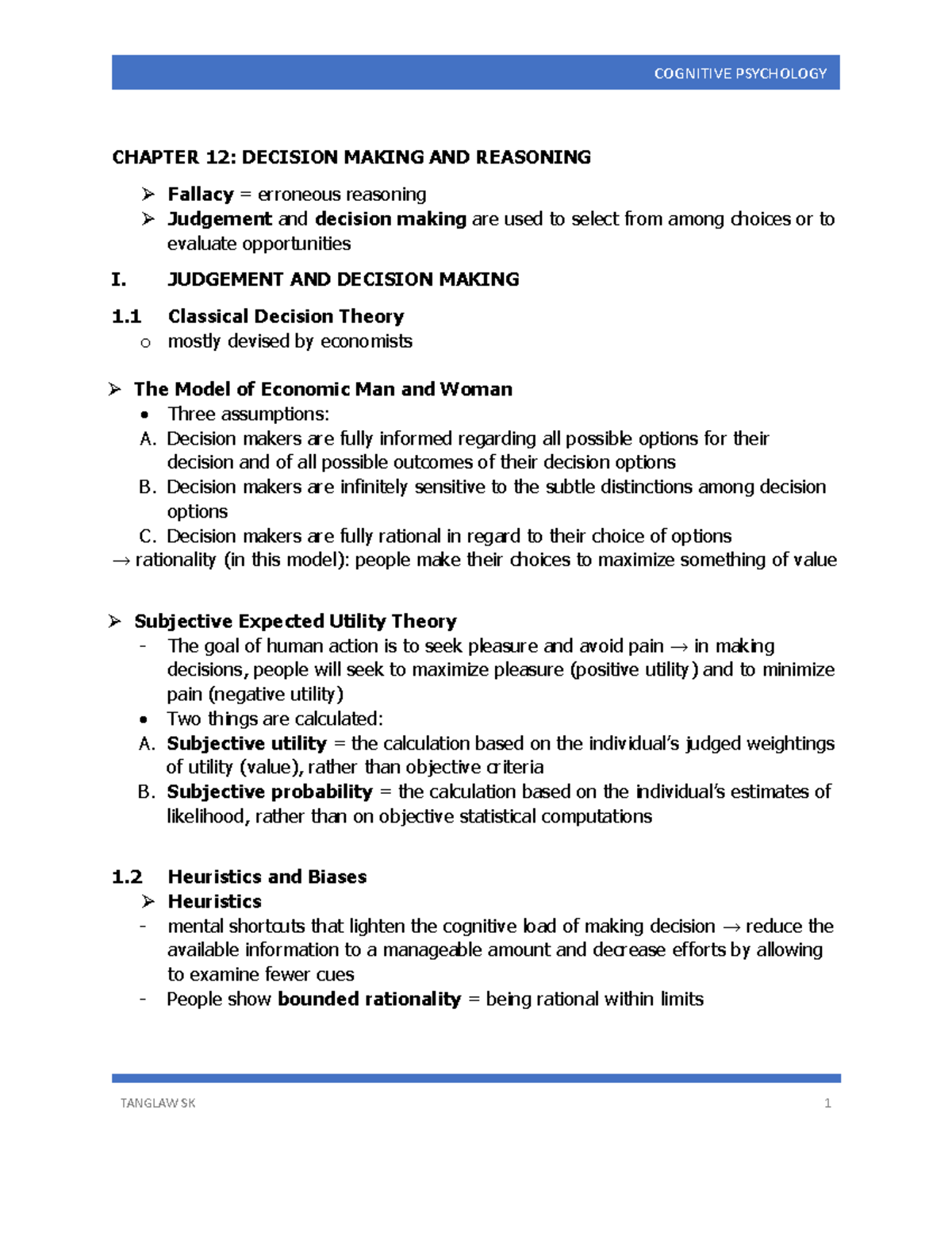 COGNITIVE PSYCHOLOGY COGPSY CHAPTER 12: DECISION MAKING & REASONING ...