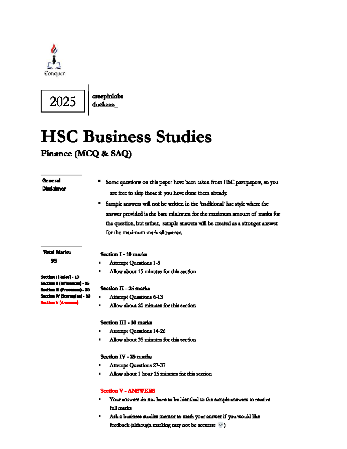 Conquer 2025 HSC Business Studies Finance (MCQ & SAQ) Guide - Studocu
