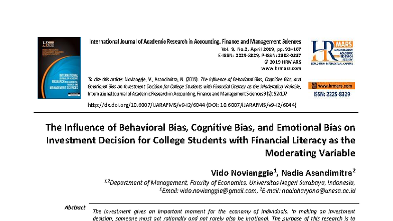 The Influence of Behavioral Bias on Investment Decisions for College ...