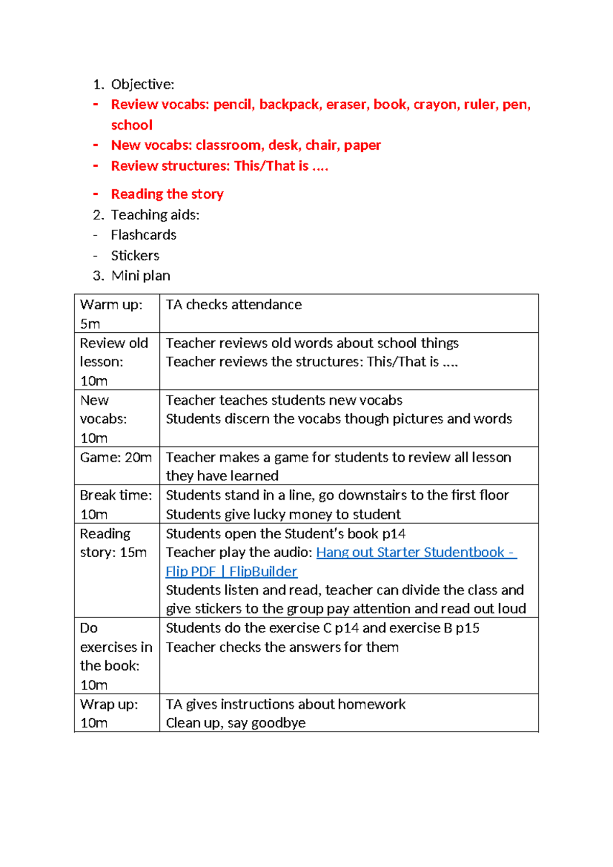 U2 L3 - Vocabulary Review and Lesson Plan on School Items - Studocu
