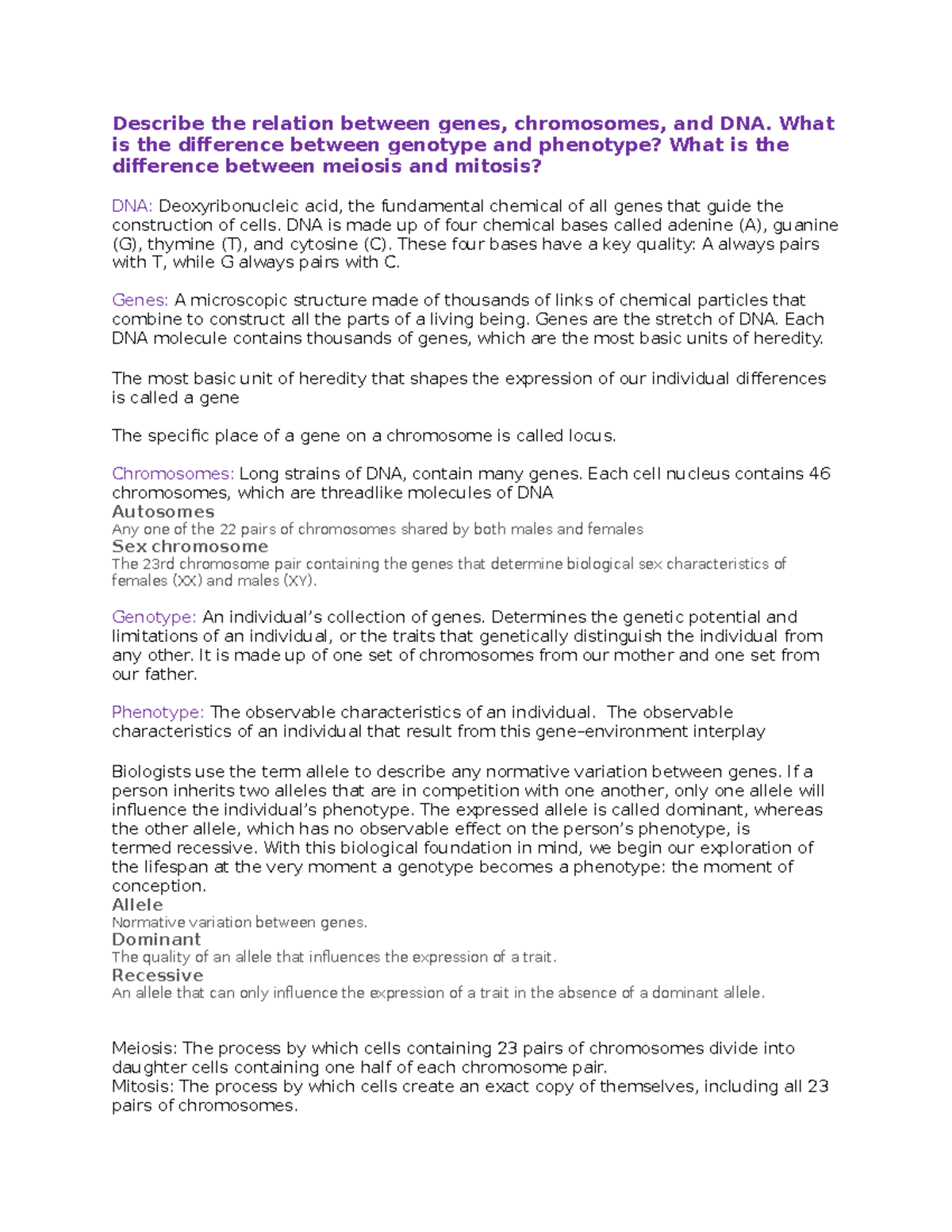 PSYC 228 - Chapter 2 Study Questions on Genetics & Prenatal Development ...