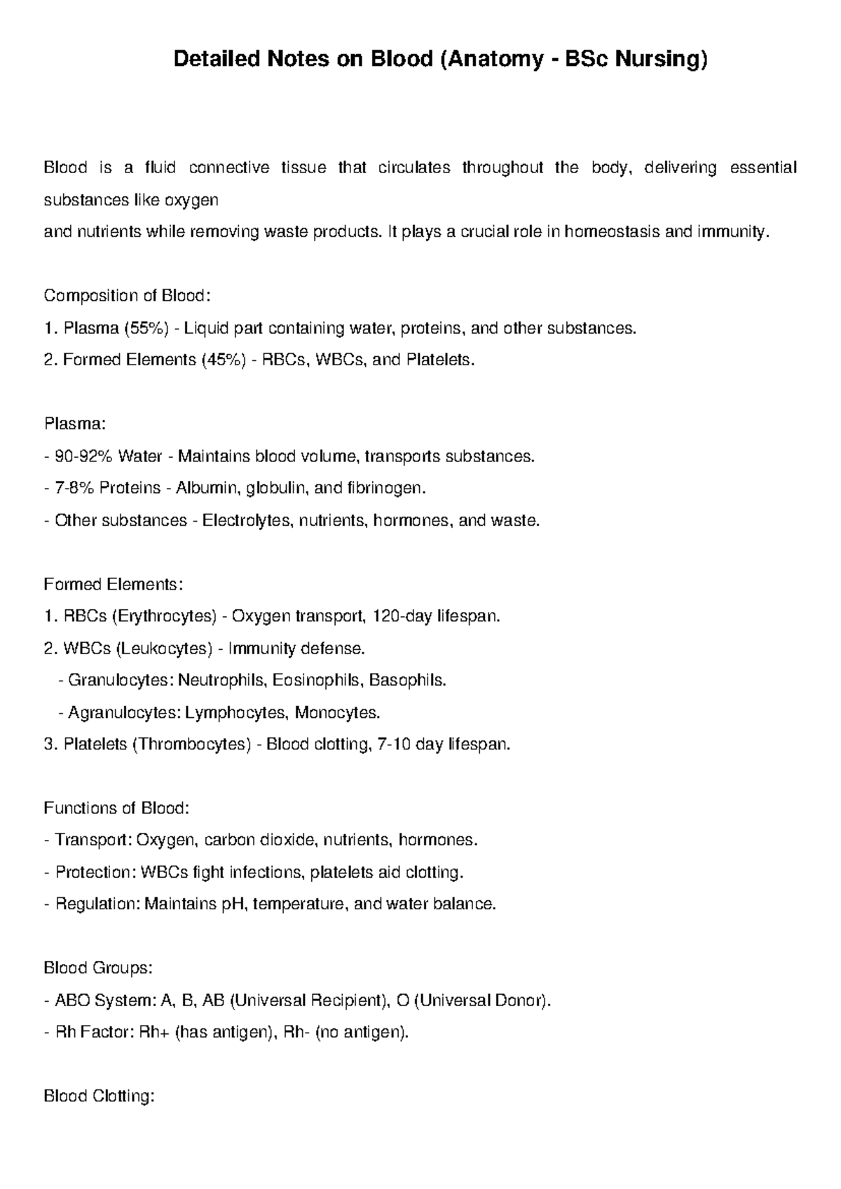 Blood Anatomy Notes for BSc Nursing: Key Concepts & Functions - Studocu