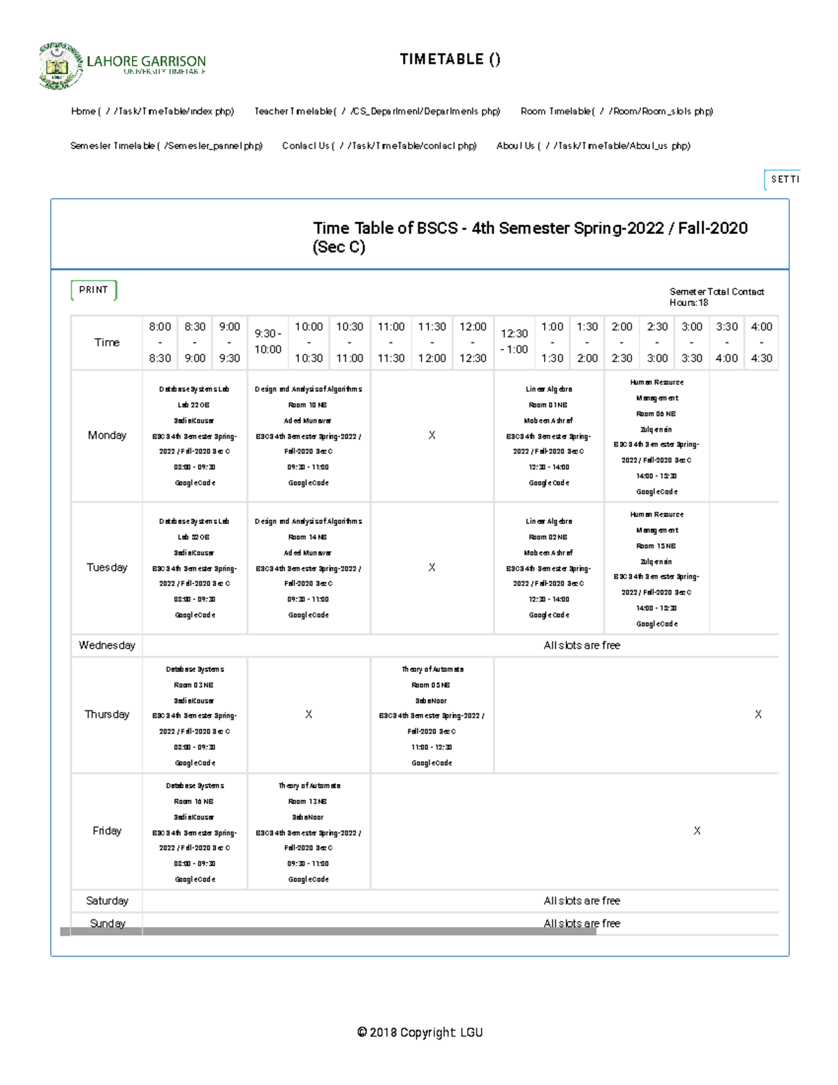 BSCS 4th Semester Timetable for Spring 2022 / Fall 2020 (Sec C) - Studocu