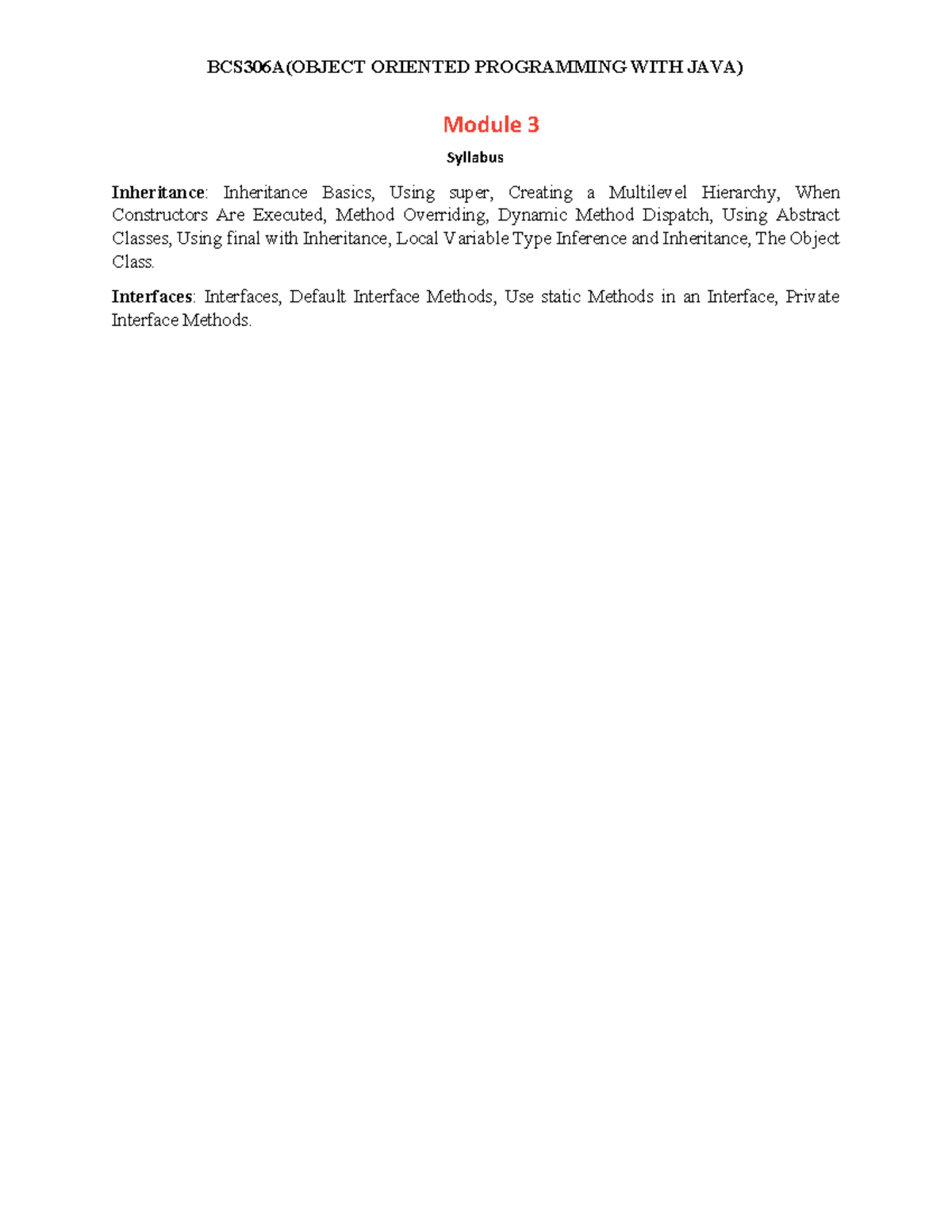 BCS306A Module 3: Inheritance and Interfaces in OOP with Java - Studocu