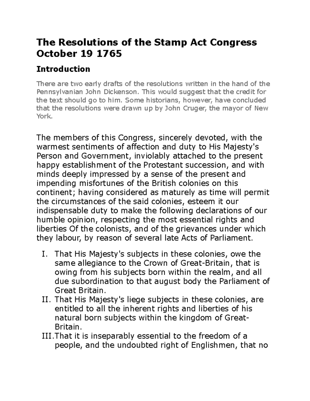 Stamp Act Resolutions - History of the United States to 1877 in Modesto ...