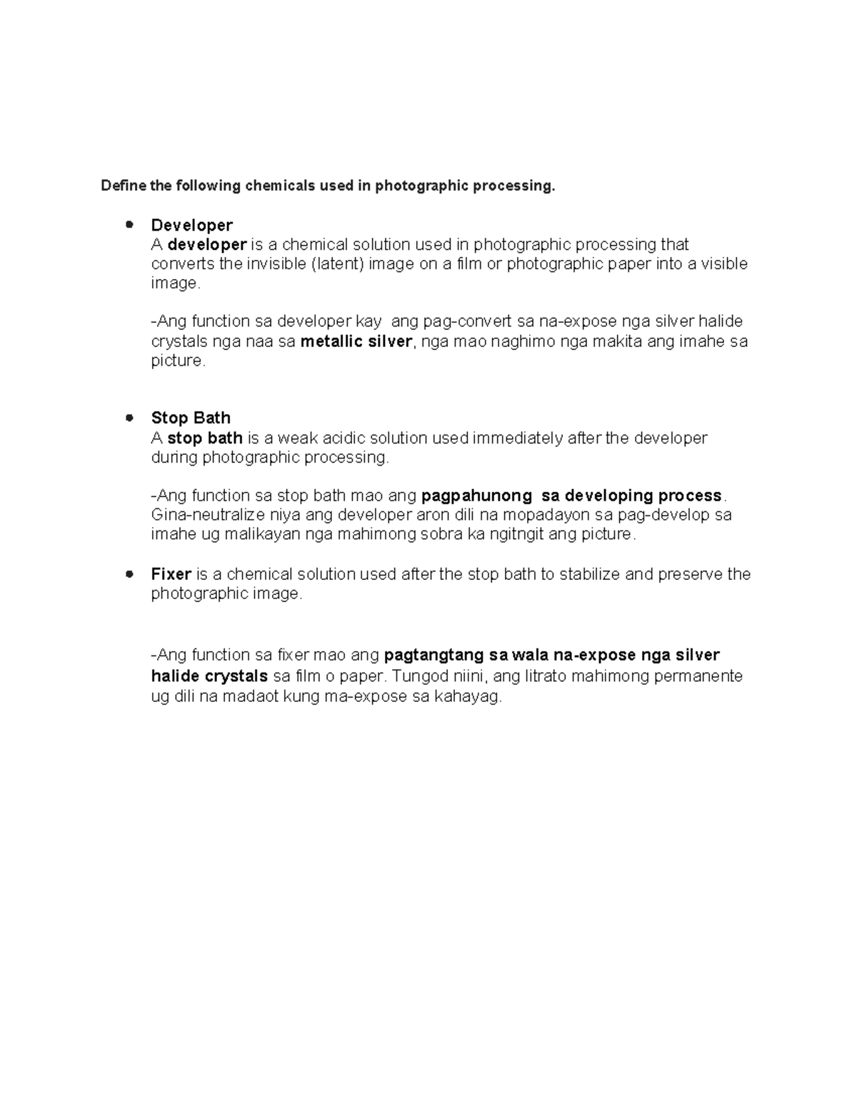 Chemicals in Photographic Processing: Developer, Stop Bath, Fixer - Studocu