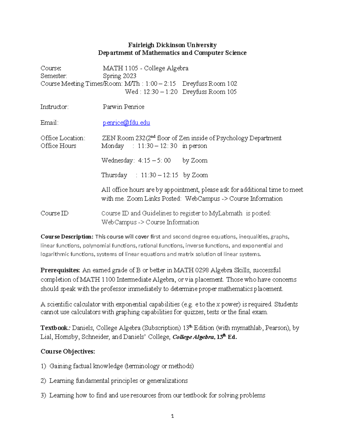 MATH 1105 Syllabus - College Algebra, Spring 2023 by Penrice - Studocu