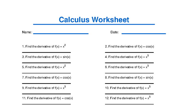 Calculus Worksheet 4 - Derivatives Practice - Studocu