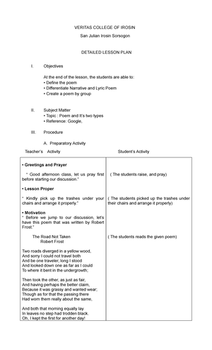 DLP for Sir Dayson - LP for us - LESSON PLAN I. Objectives At the end ...