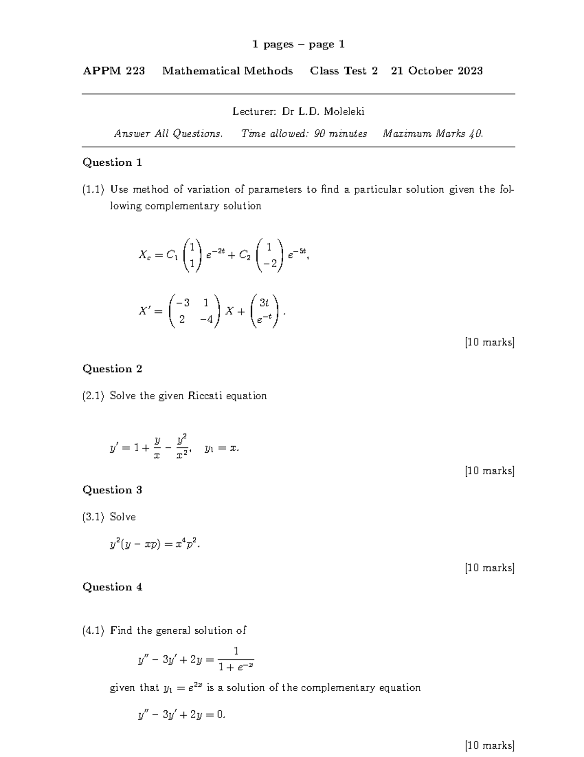 APPM 223 Mathematical Methods Class Test 2 - 21 Oct 2023 - Studocu