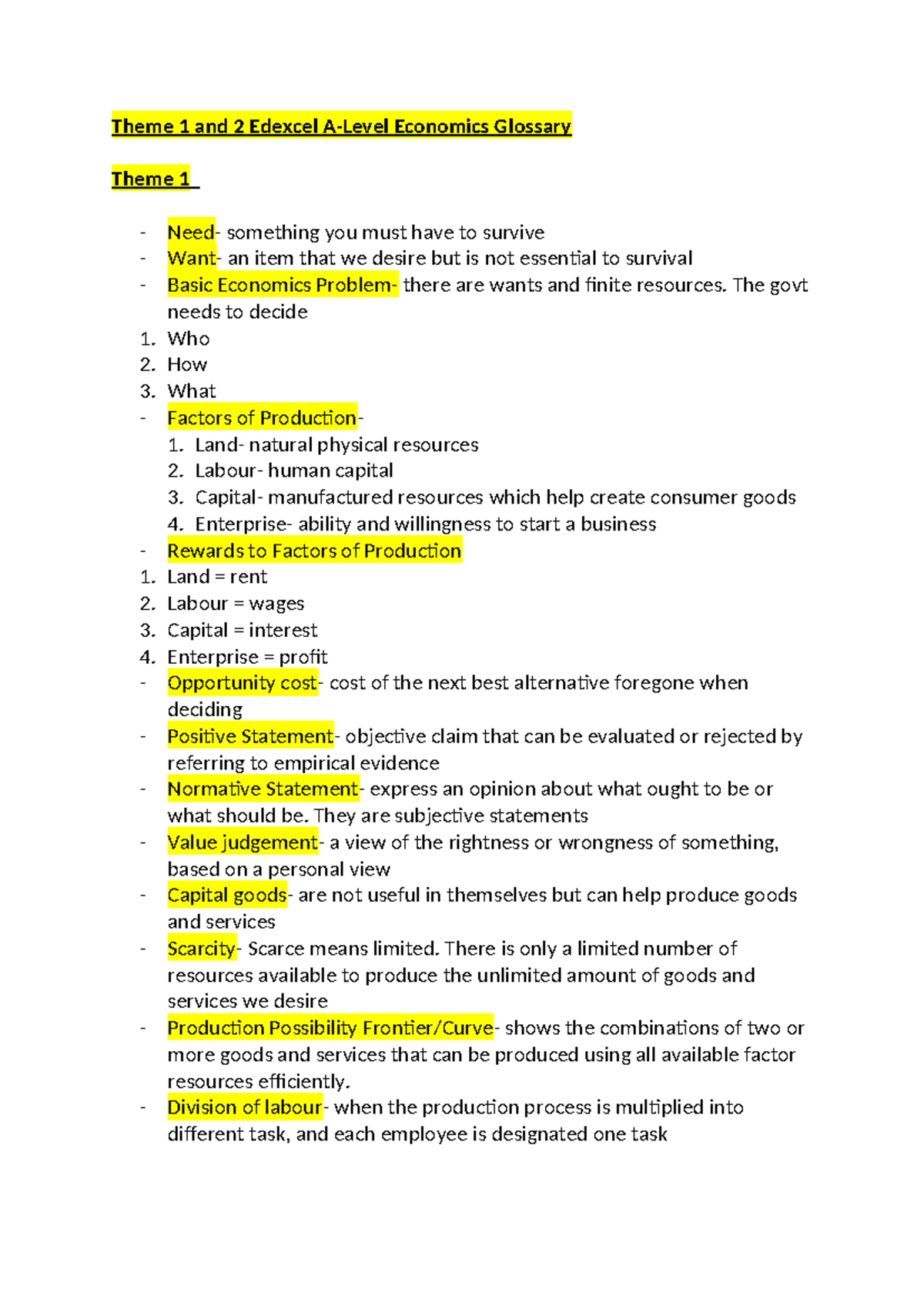 Edexcel A-Level Economics Glossary: Themes 1 & 2 Terms and Concepts ...