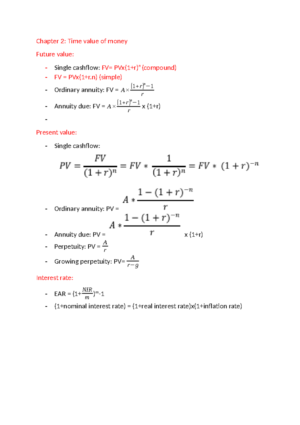 Chapter 2 & 3: Key Formulas for Time Value of Money & Risk/Return - Studocu