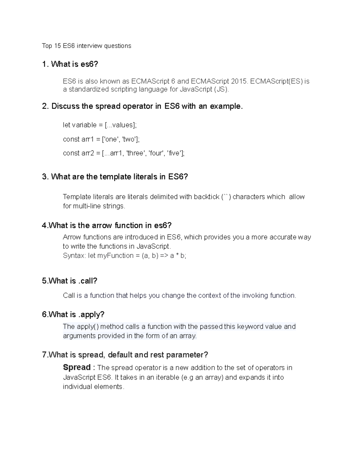 Top 15 ES6 Interview Questions for JavaScript Developers - Studocu