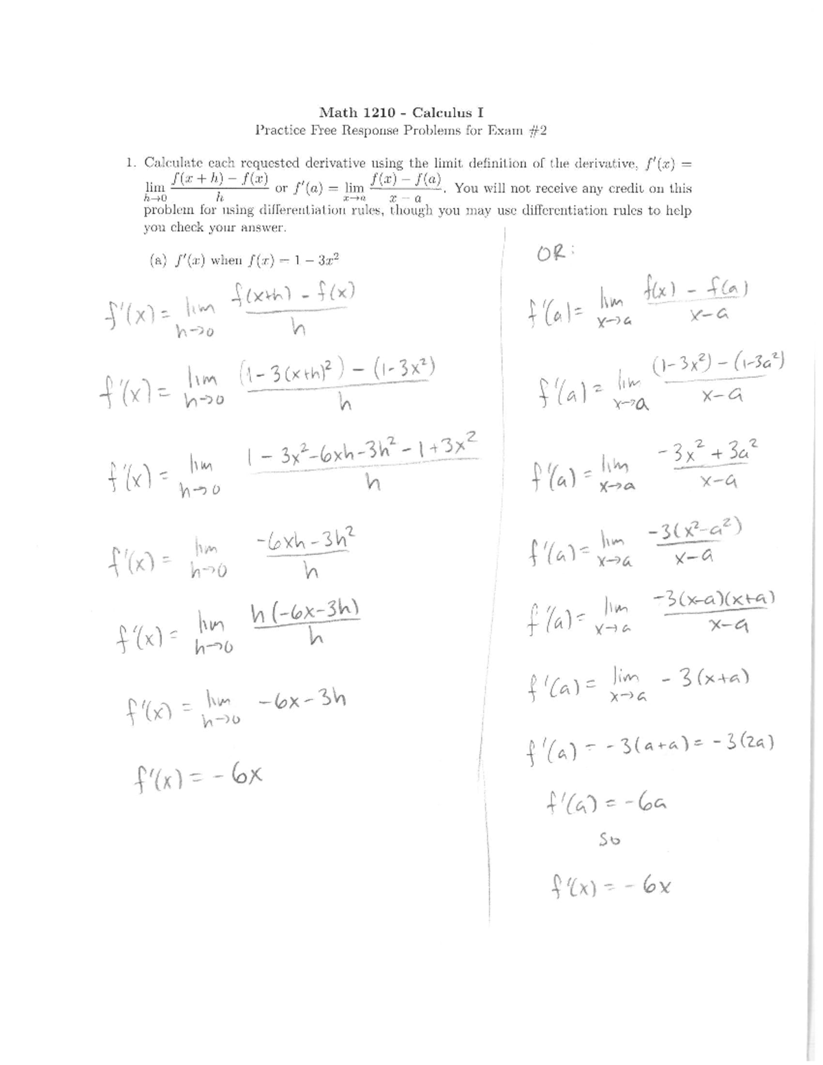 Math 1210 Calculus I Exam 1 Practice Free Response Solutions - Studocu