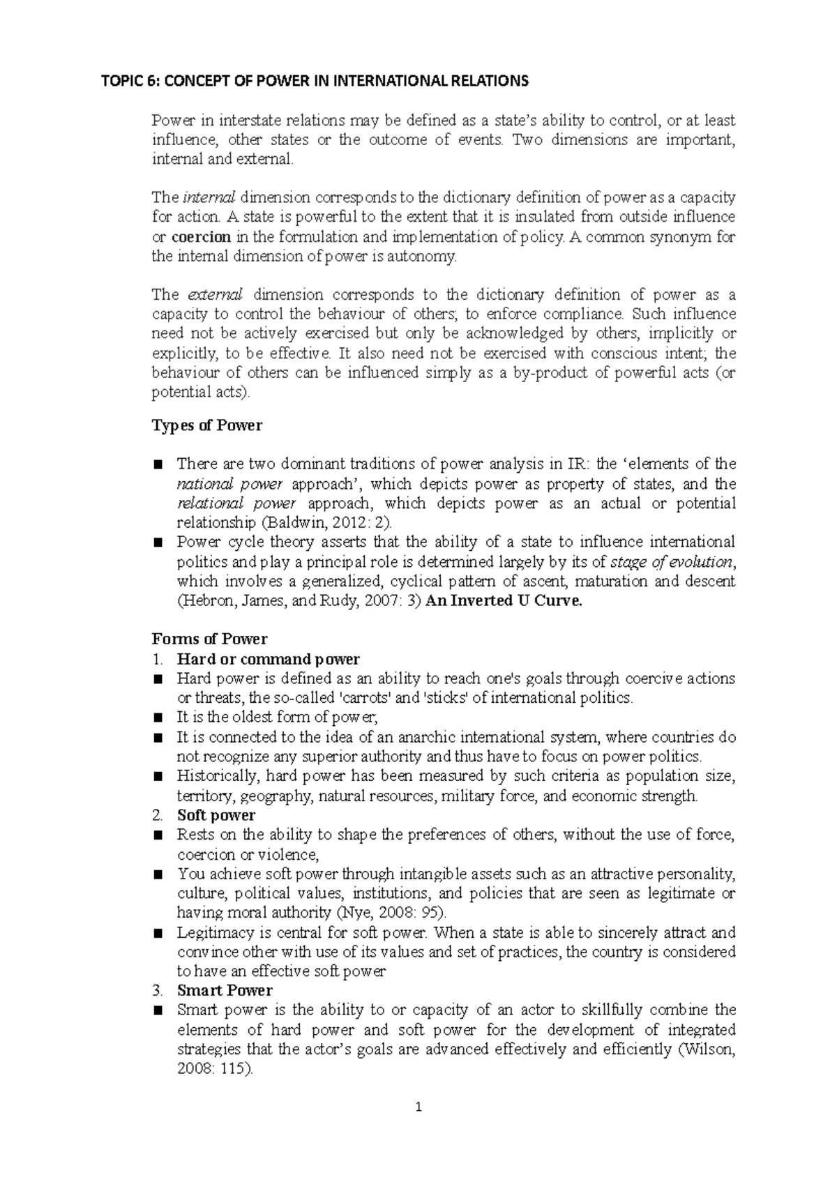 6- Lecture 6 - TOPIC 6: CONCEPT OF POWER IN INTERNATIONAL RELATIONS ...