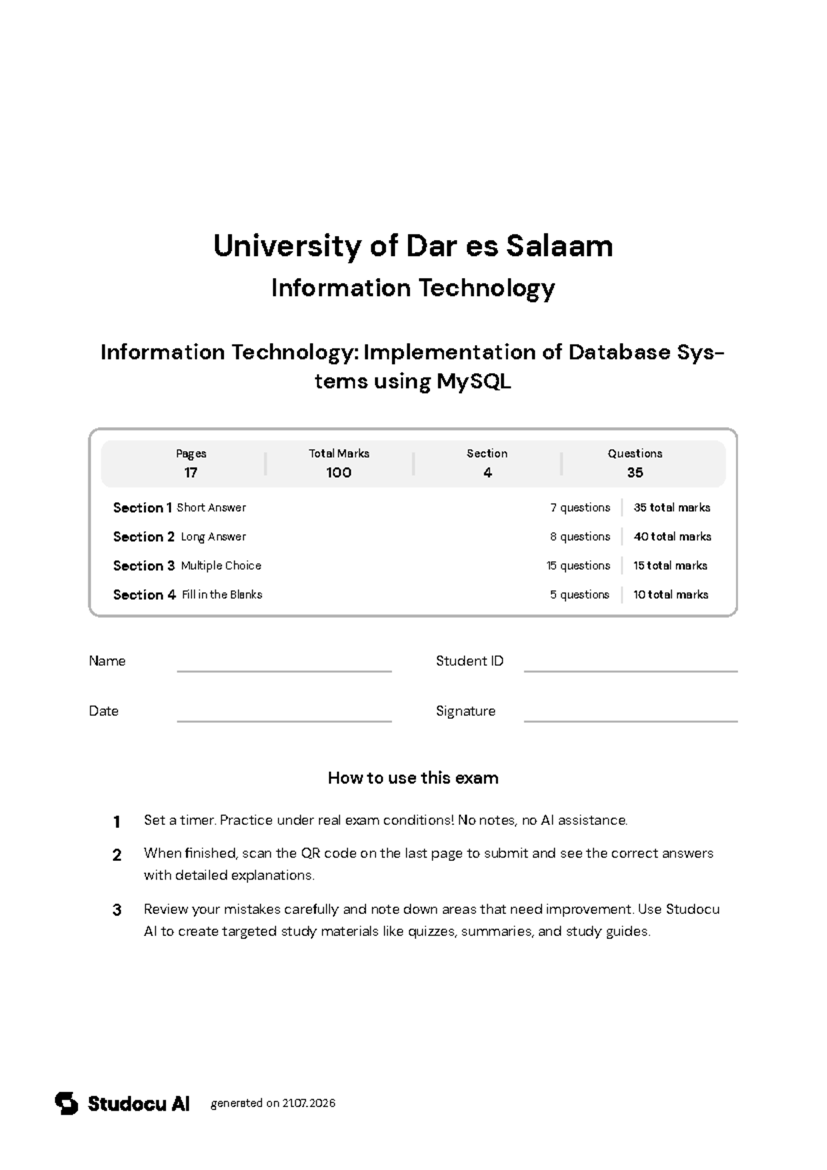 Final Exam: Advanced Database Development (MySQL) - Studocu