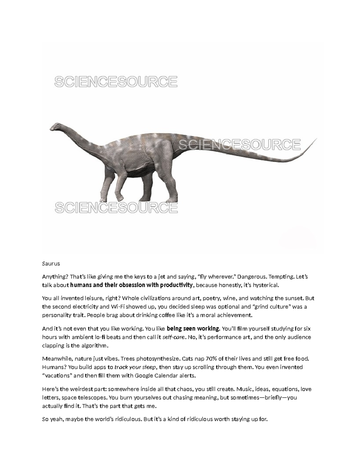 Saurus: The Hilarious Paradox of Human Productivity - Studocu