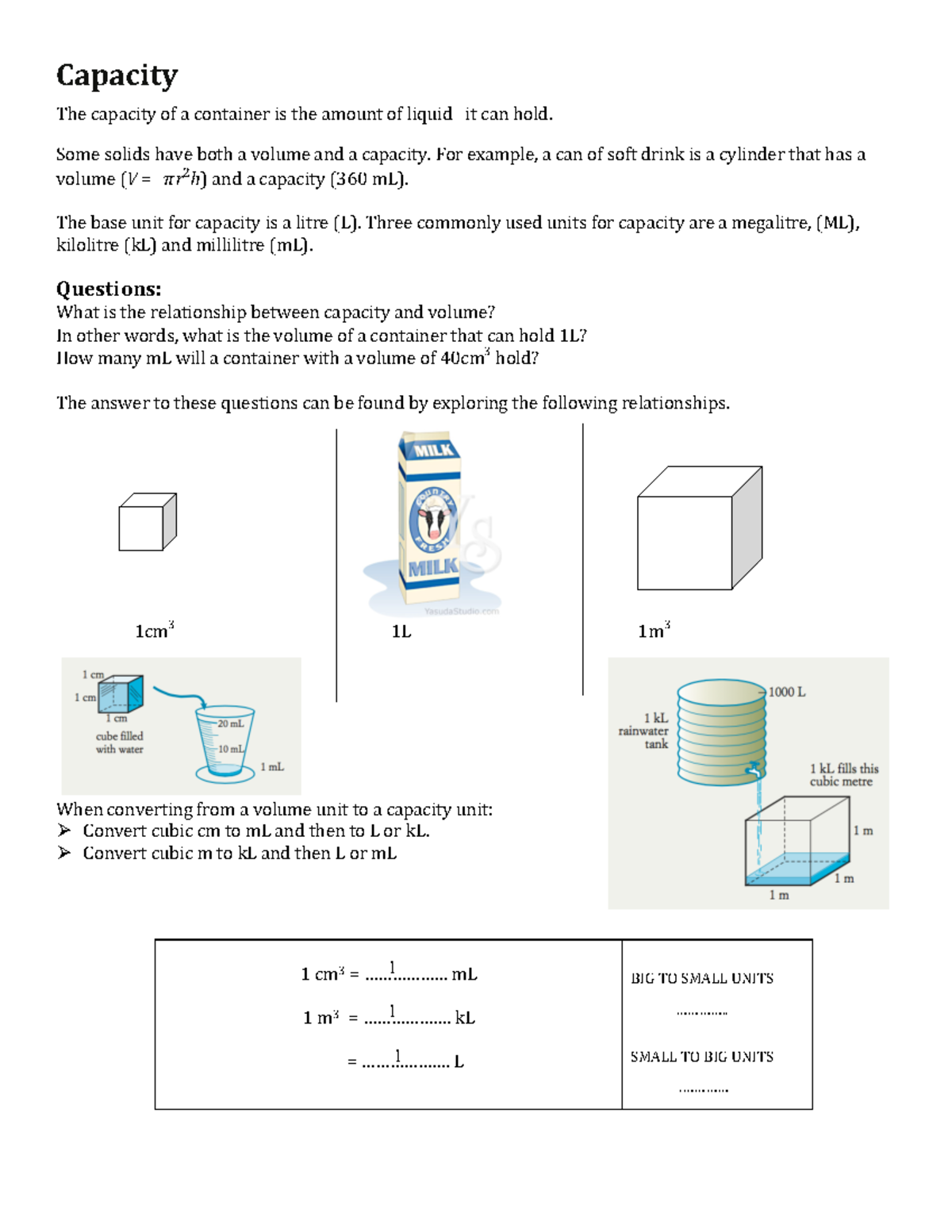 Year 8 Capacity: Understanding Volume vs. Capacity Concepts - Studocu