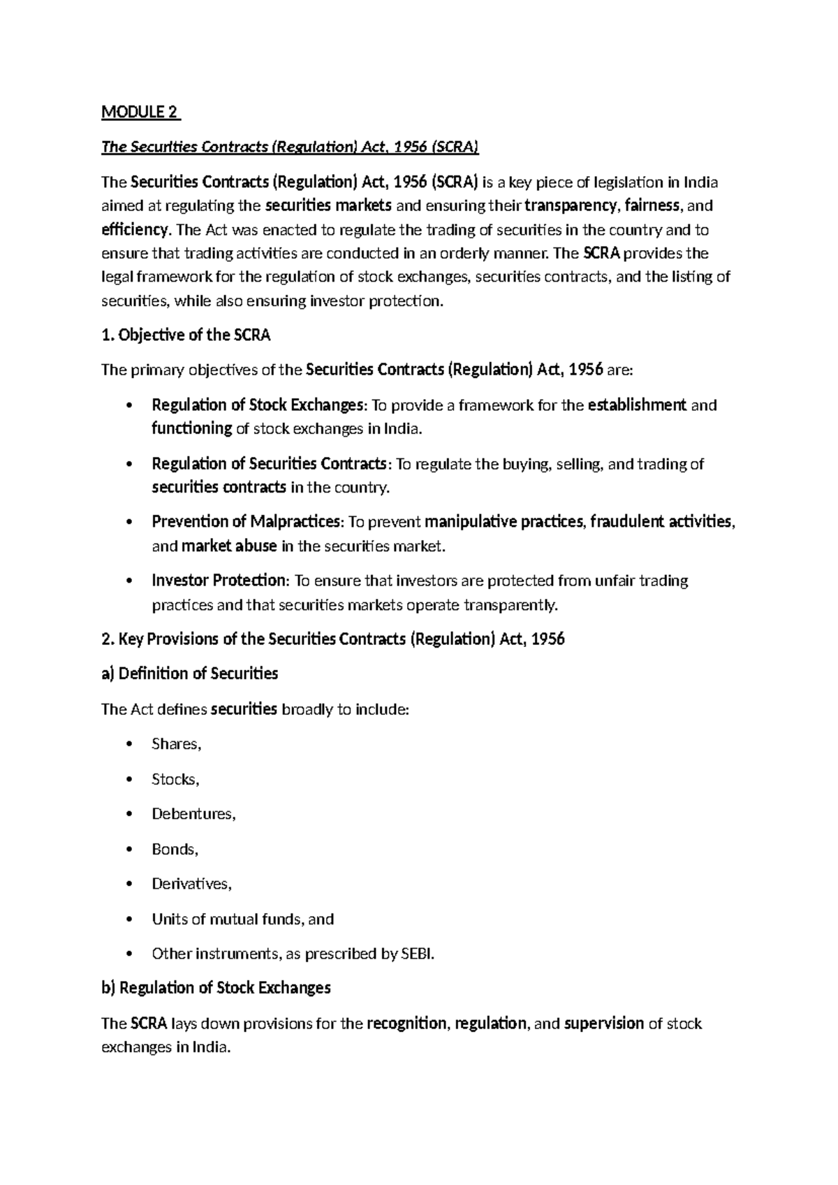 MODULE 2 Investment Notes: The SCRA & SEBI Act Overview - Studocu