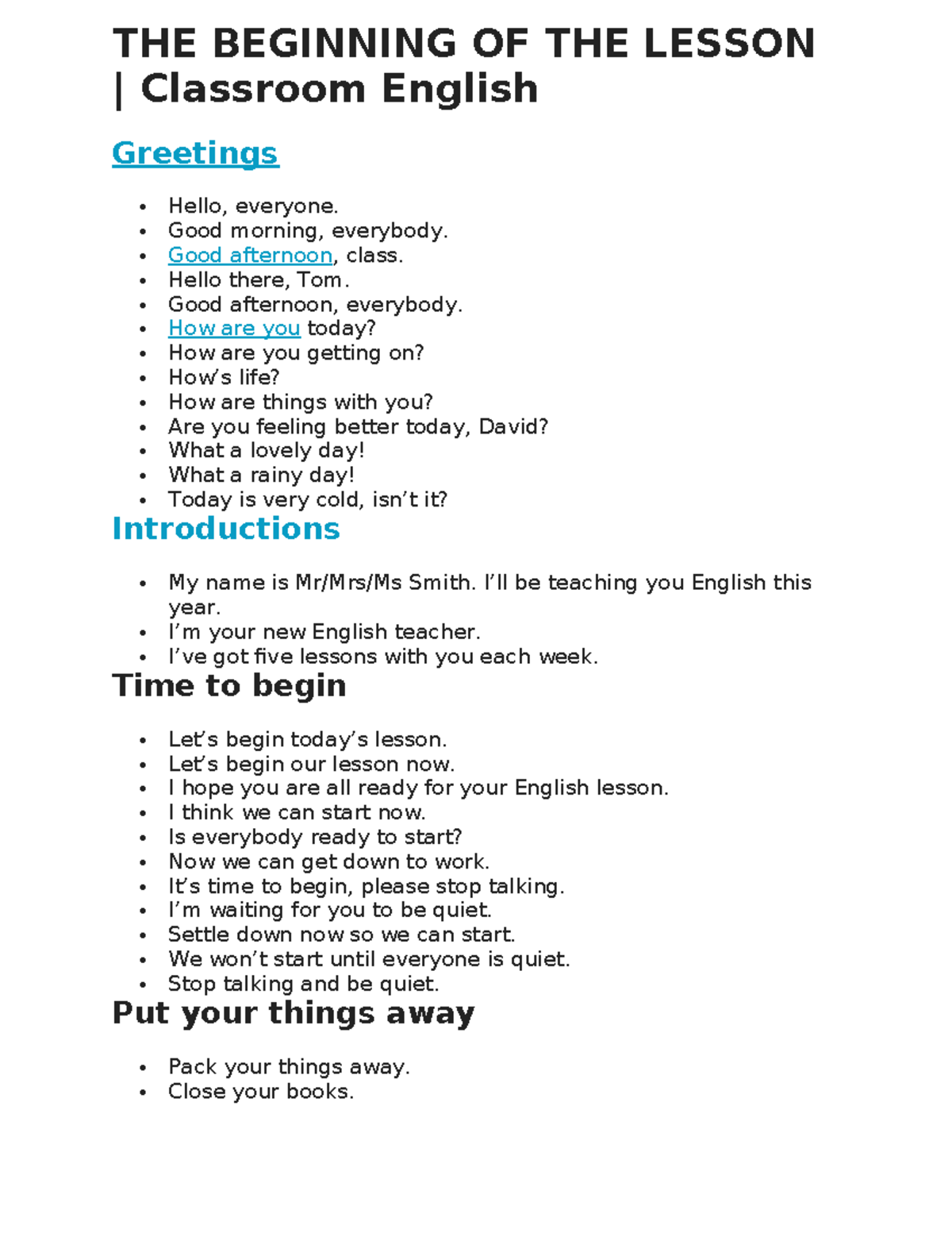 Classroom Phrases For English Teachers - THE BEGINNING OF THE LESSON ...