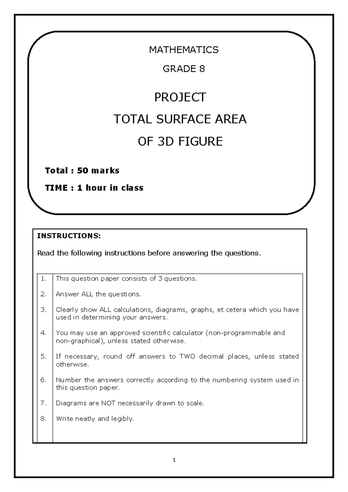 MATHEMATICS GRADE 8 PROJECT: TOTAL SURFACE AREA OF 3D FIGURES - Studocu