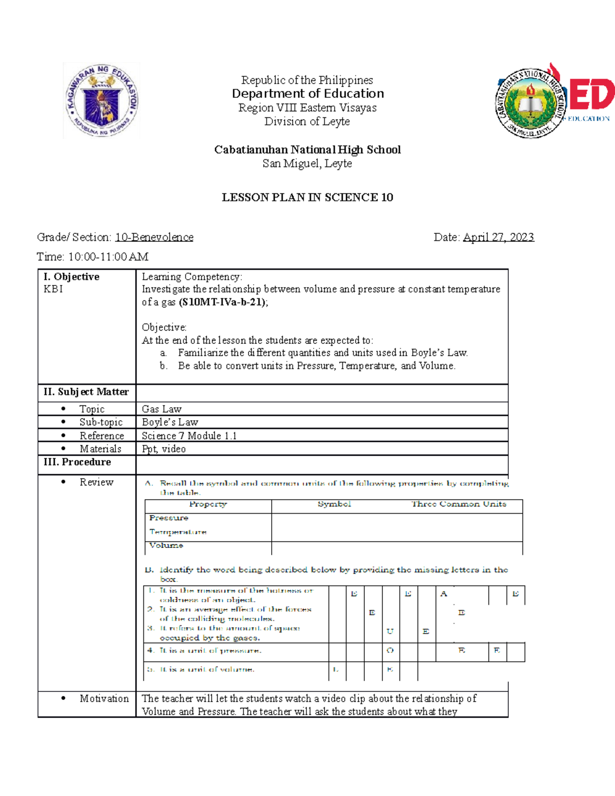 Lesson Plan for Gas Laws in Science 10 (S10MT-IVa-b-21) - Studocu