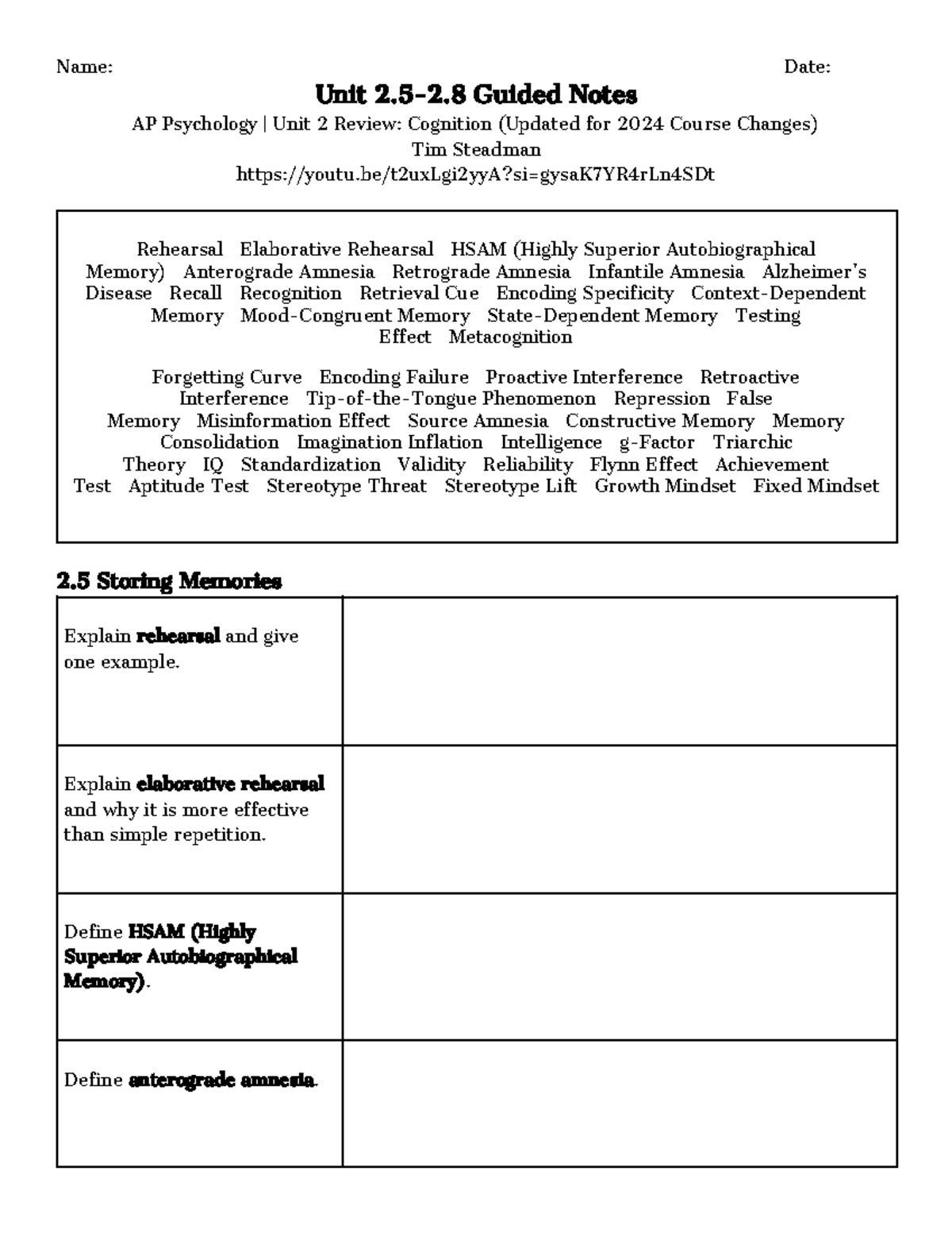 AP Psychology Unit 2.5-2.8 Guided Notes: Cognition Review 2024 - Studocu