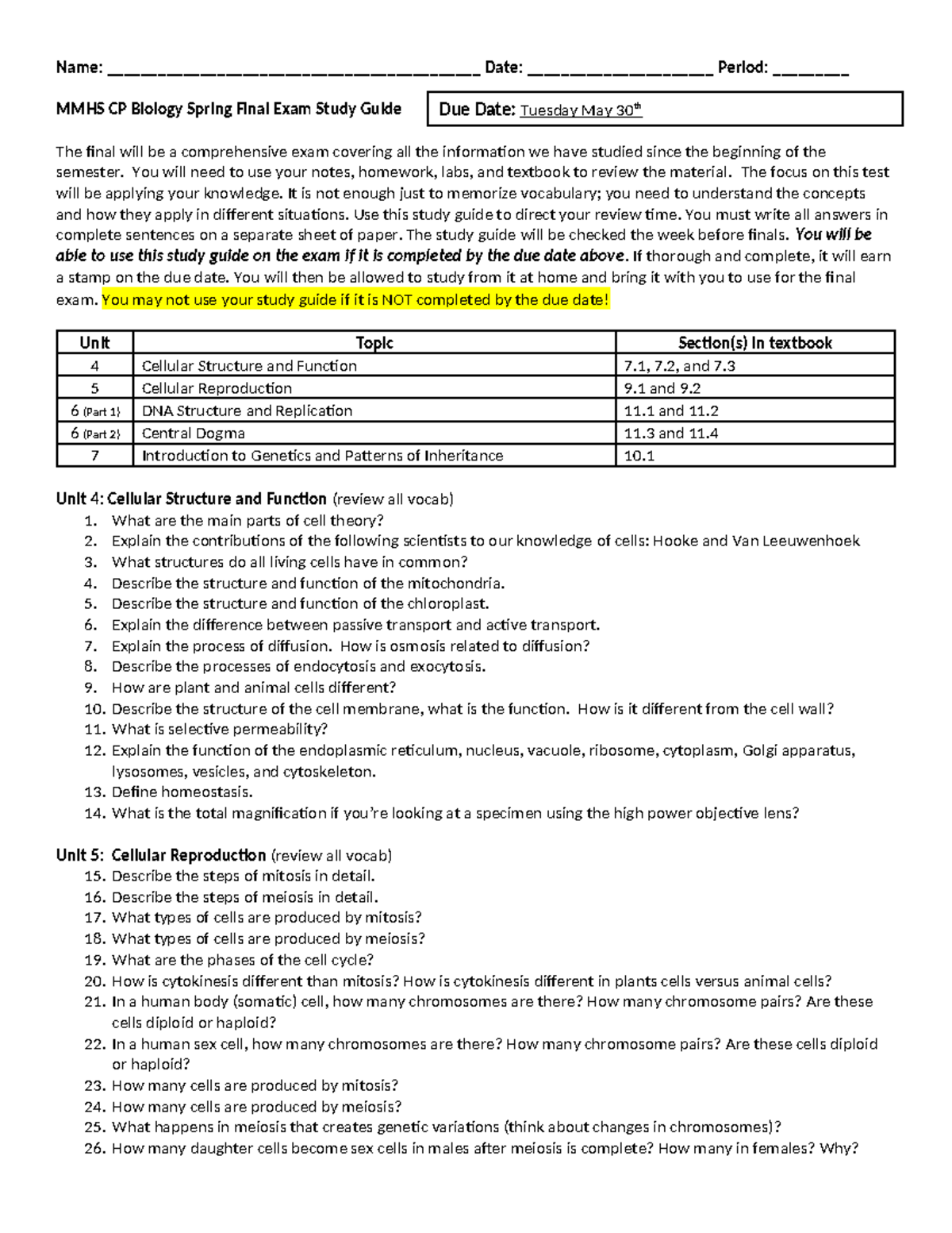 CP Biology 2023 Spring Final Exam Study Guide - Studocu