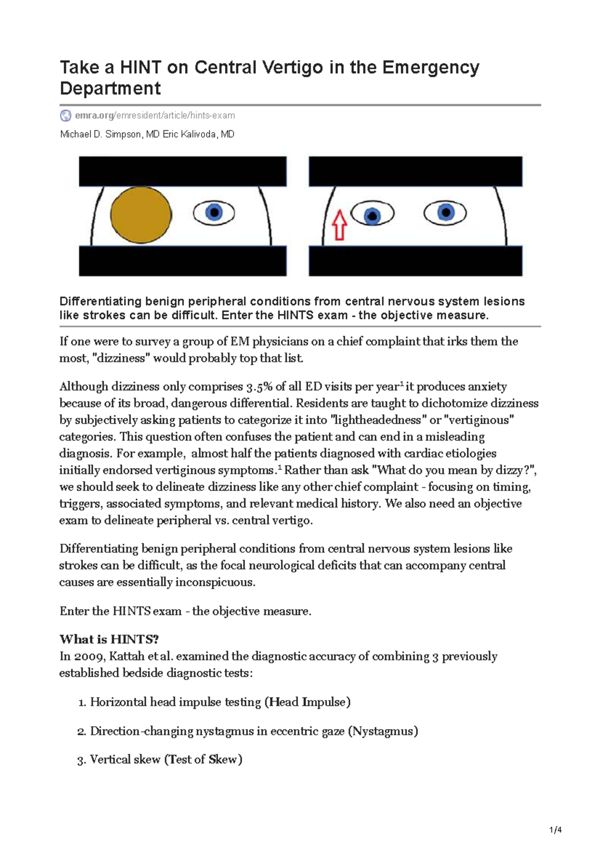 HINTS Exam for Central Vertigo in the ED: A Diagnostic Guide - Studocu