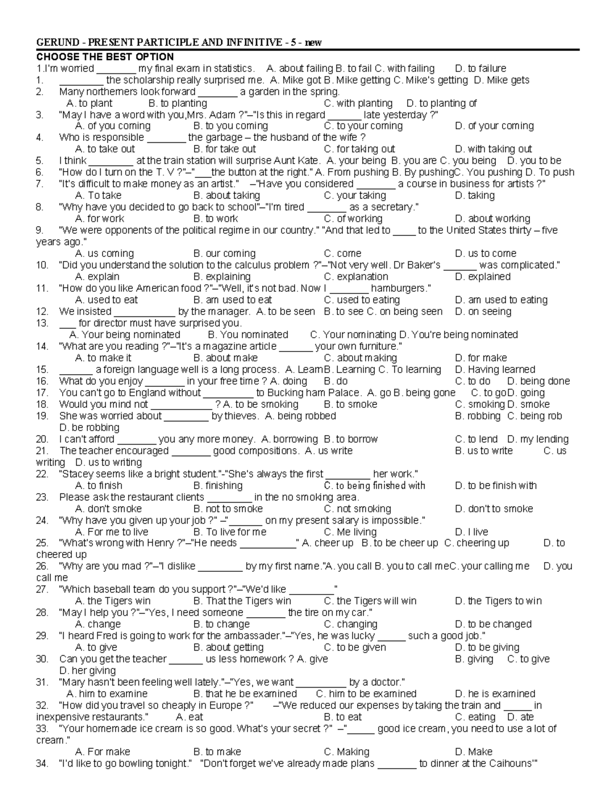 GER 101: Gerund, Present Participle & Infinitive - Final Exam Practice ...
