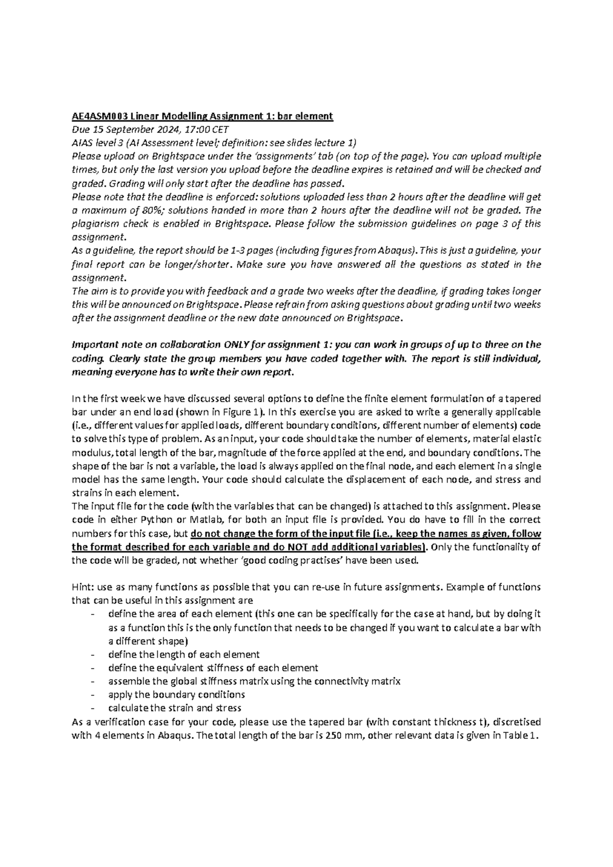 AE4ASM003 Linear Modelling Assignment 1: Bar Element Guidelines ...