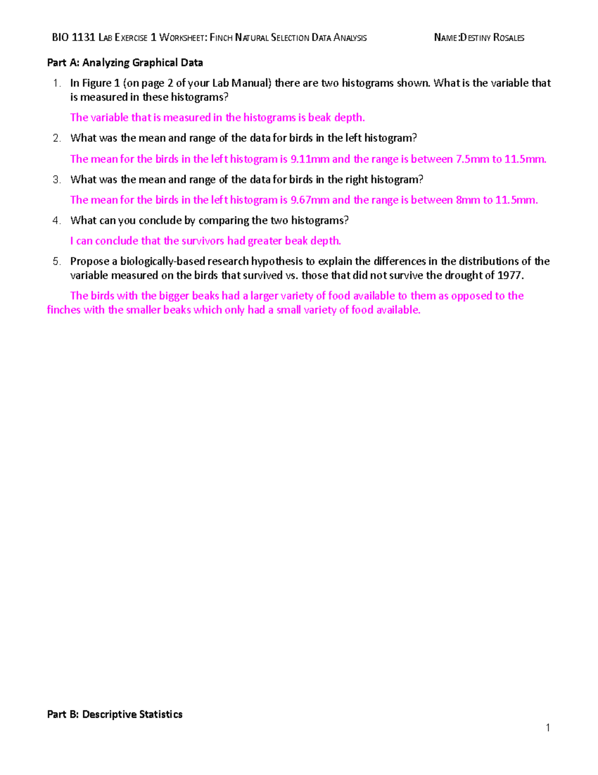 SP 23 Lab 1: Finch Evolution Data Analysis Worksheet - Studocu