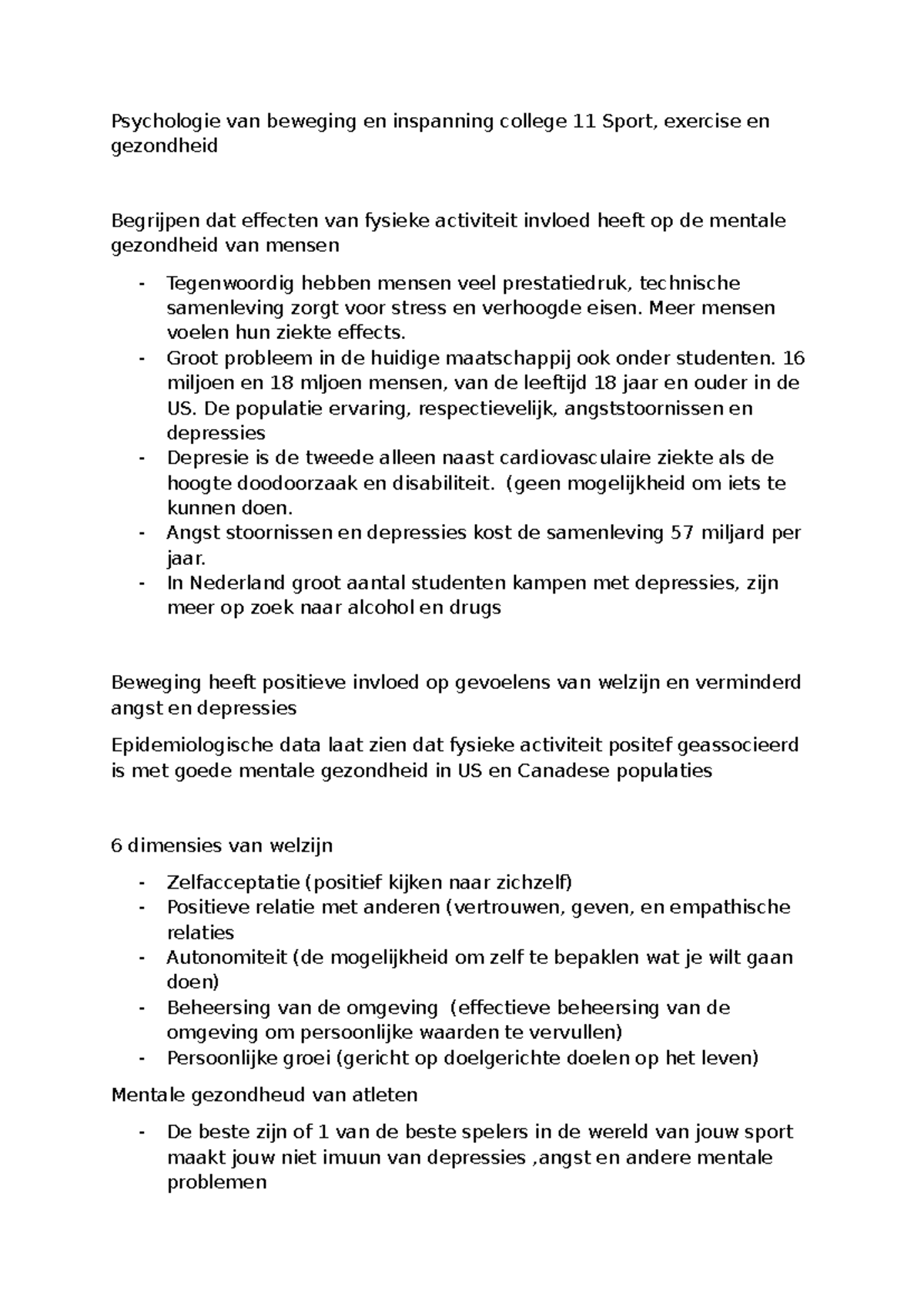 Psychologie van Beweging en Inspanning - College 11: Sport en ...