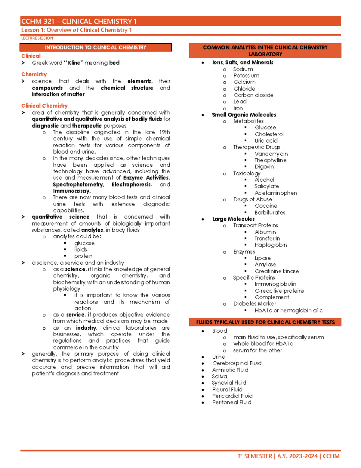 CCHM lec 1 - Ncuadojcnqd - CCHM 321 – CLINICAL CHEMISTRY 1 Lesson 1 ...