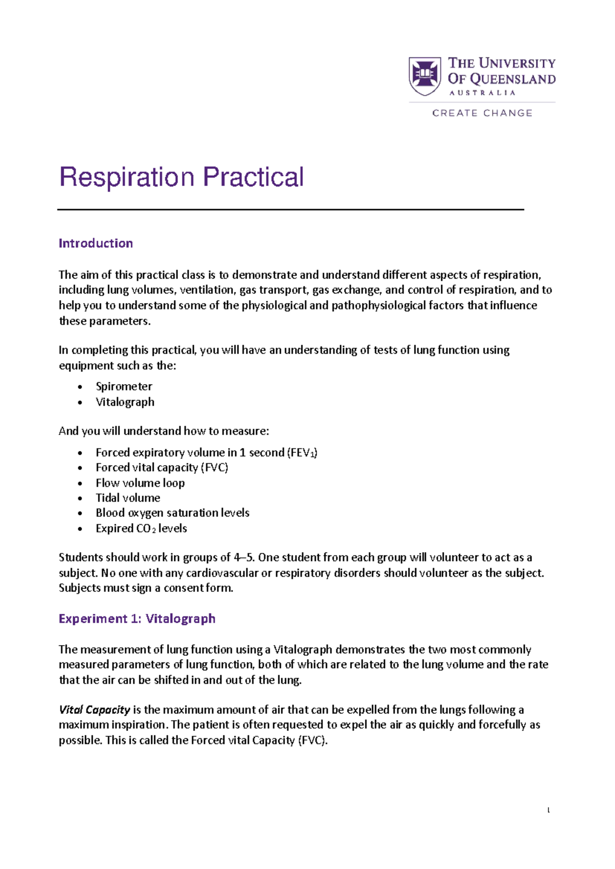 PHYL1007 Respiration Practical Notes 2024: Understanding Lung Function ...