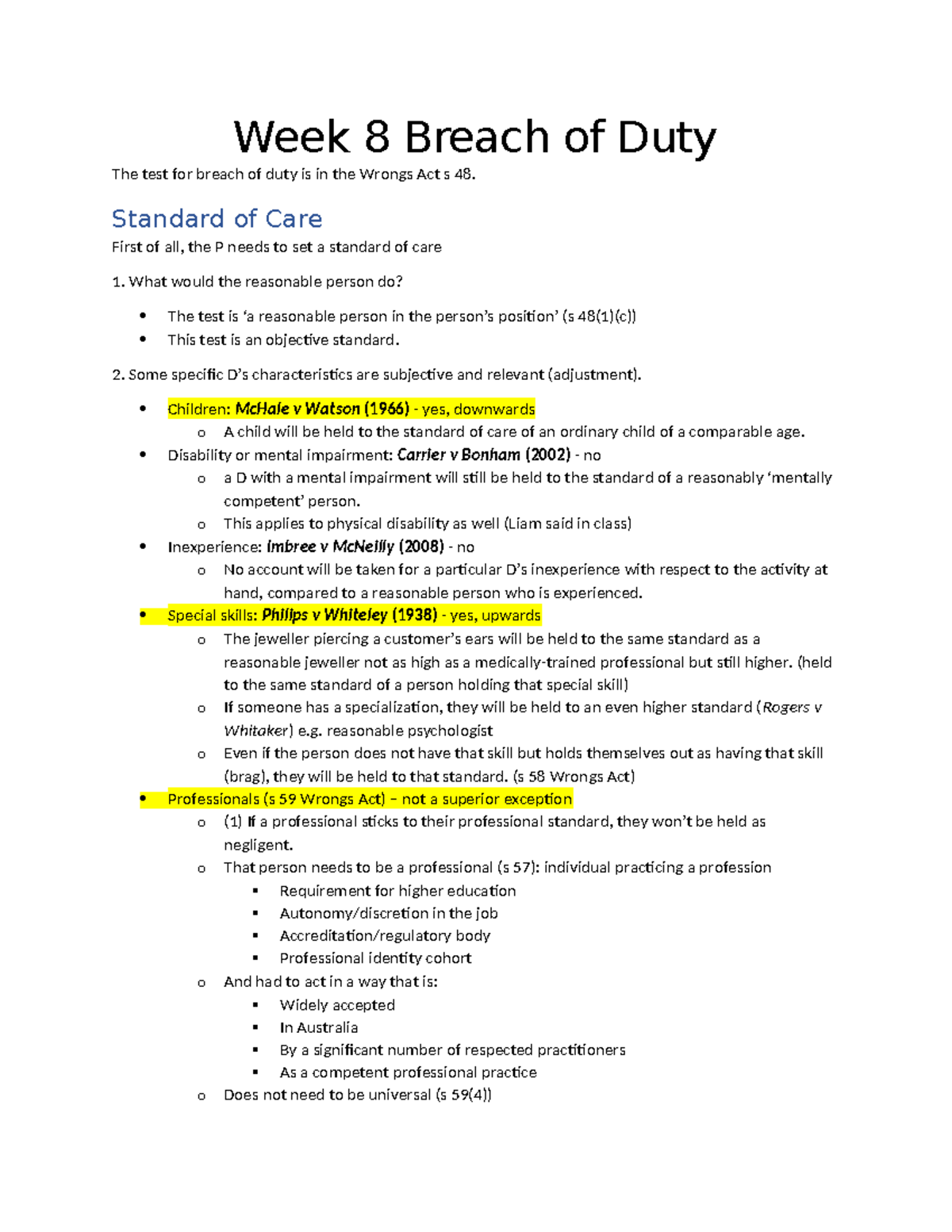Week 8 Breach of Duty Note - Week 8 Breach of Duty The test for breach ...