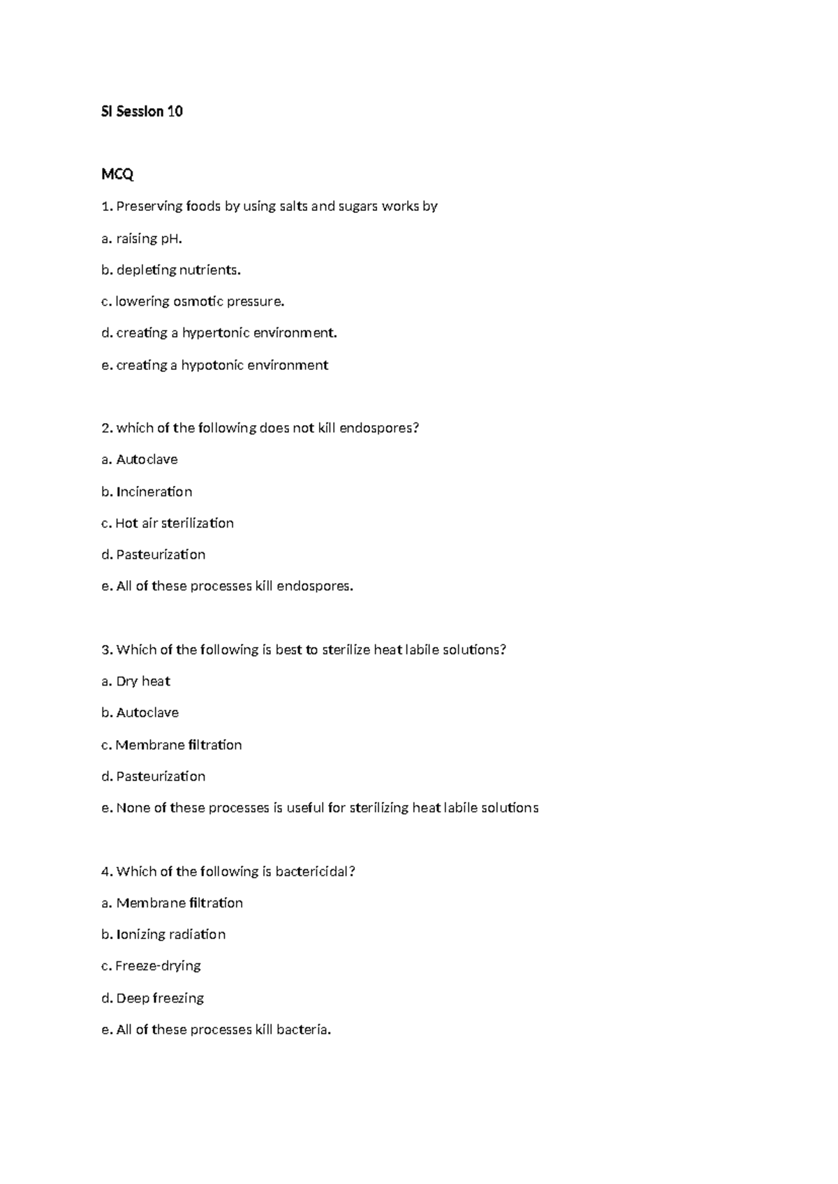 SI Session 10 - Practice Questions on Microbial Control and Resistance ...