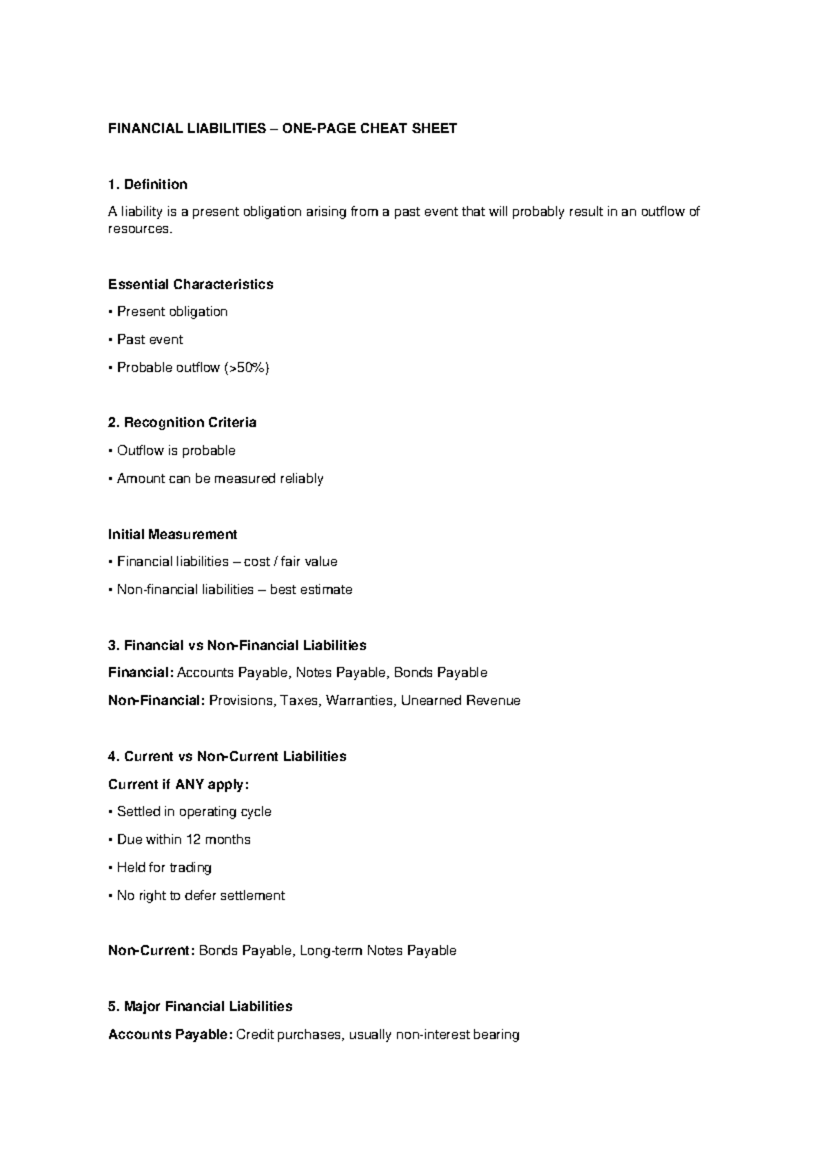 FIN 101: Financial Liabilities Cheat Sheet for Quick Reference - Studocu