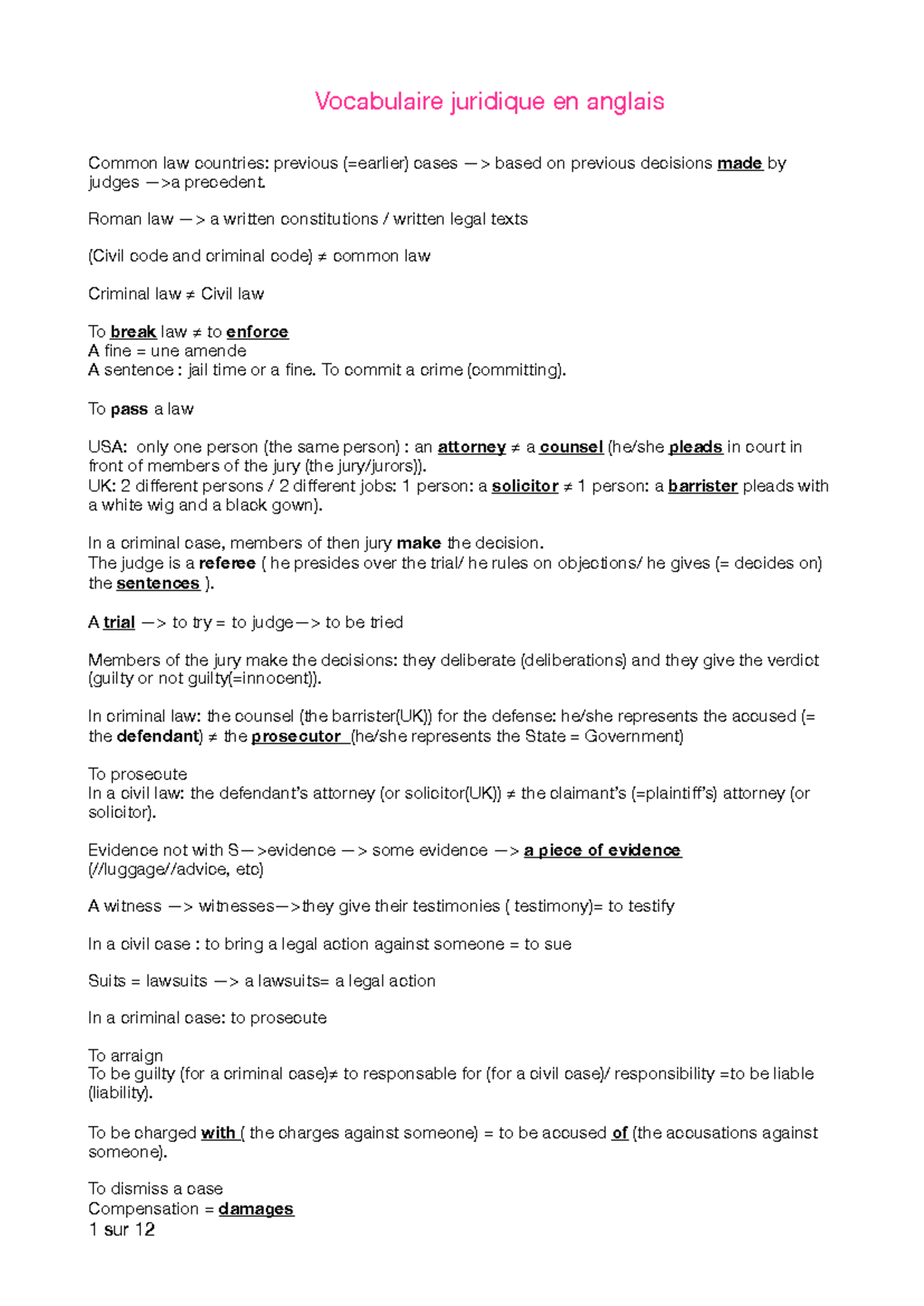 Vocabulaire juridique anglais Vocabulaire juridique en anglais Common law countries previous