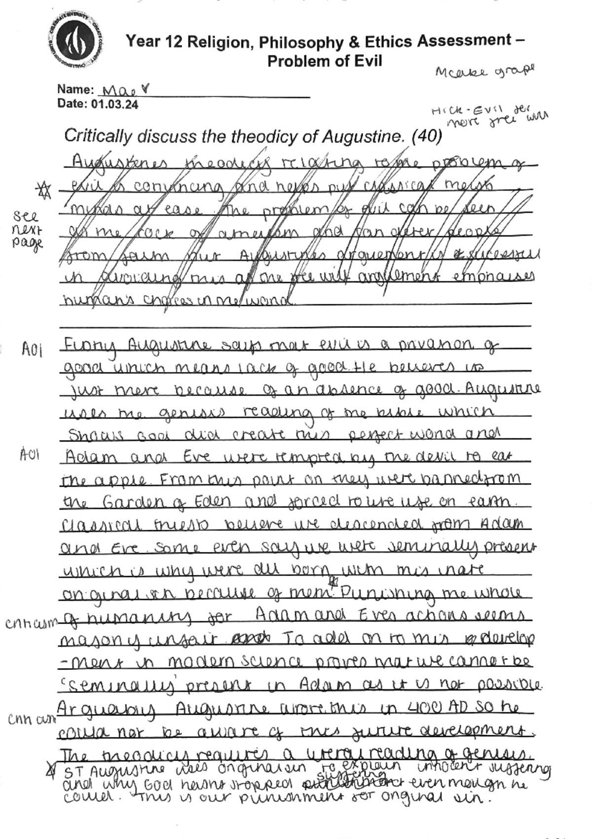 Problem of evil - essay on PofE - TE DIVERSITY Year 12 Religion, Philosophy Ethics Assessment ...