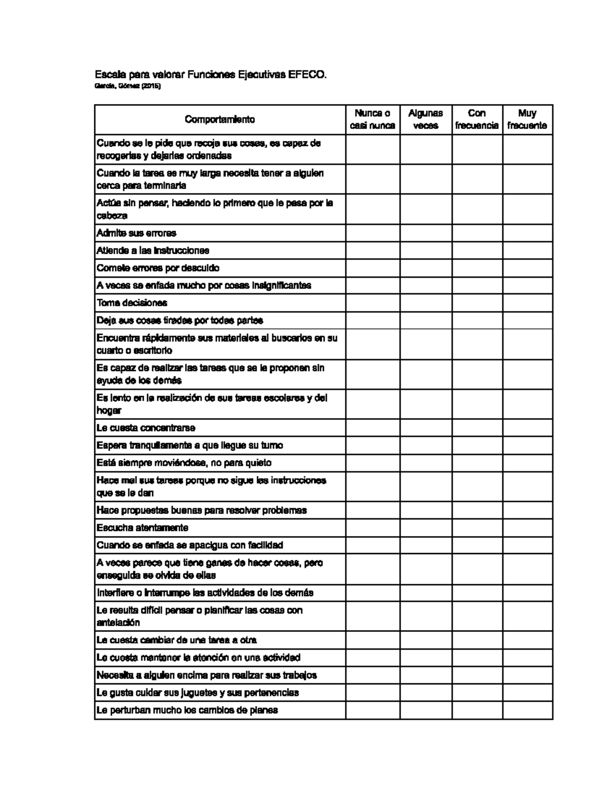 Cuestionario EFECO sobre Funciones Ejecutivas - García, Gómez (2015 ...