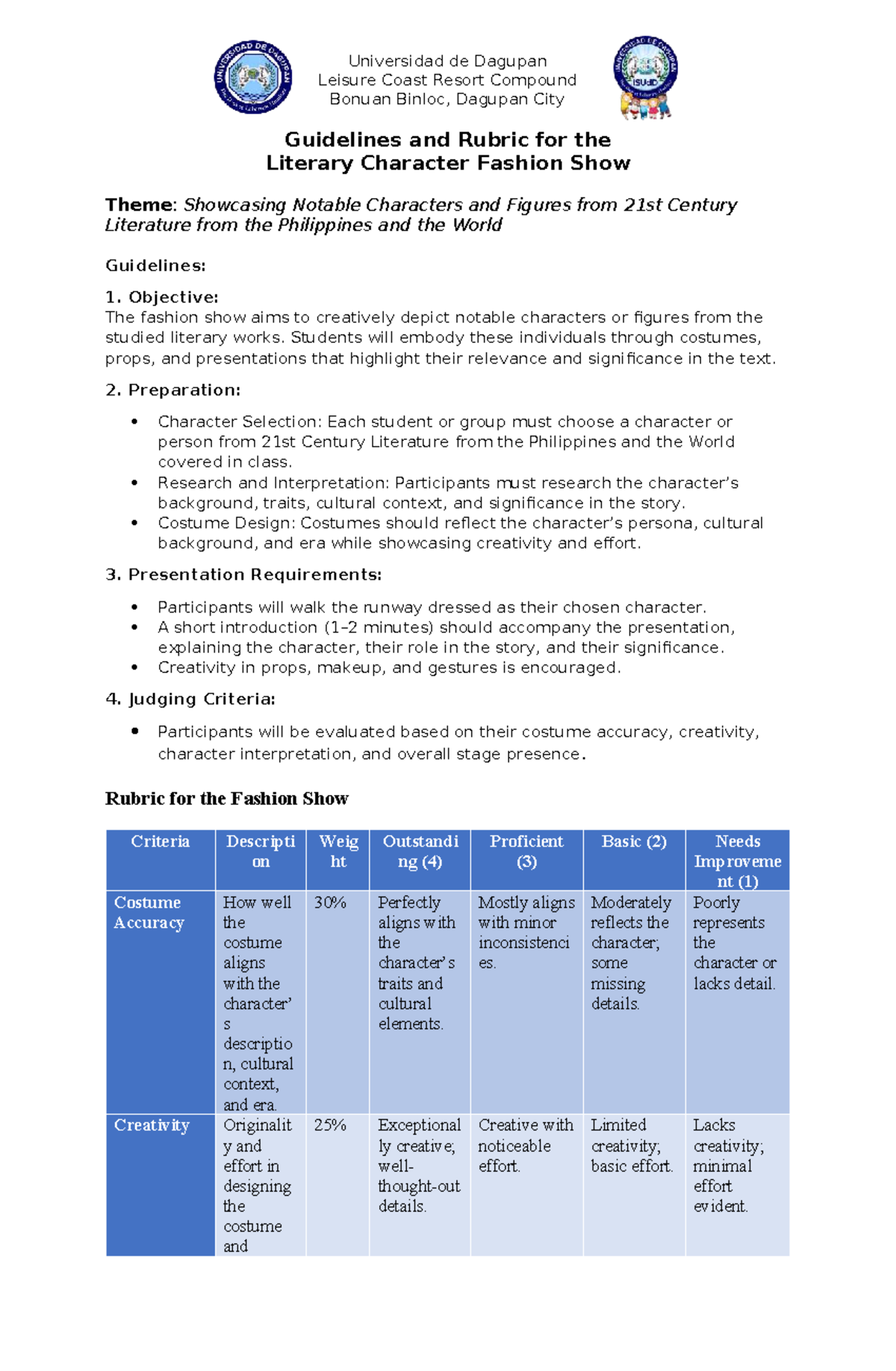 21ST Century Literature Fashion Show Guidelines & Rubric - Studocu