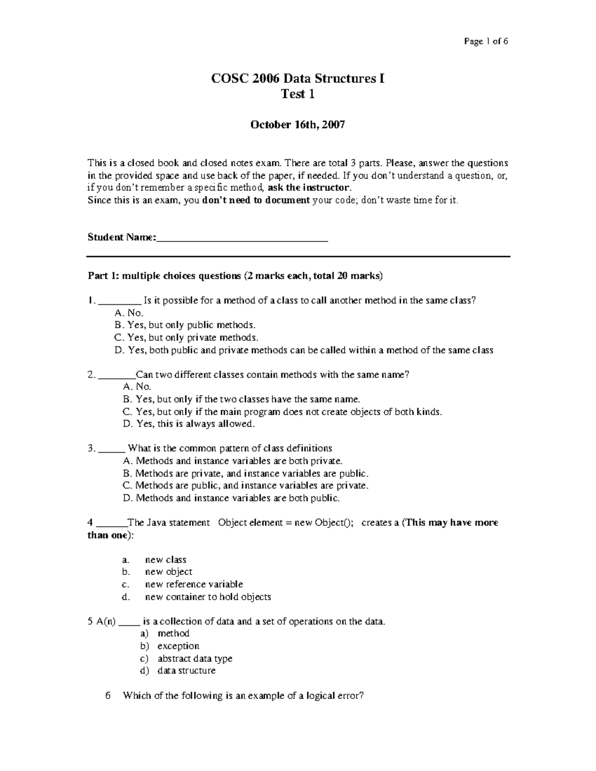 COSC 2007 Final Exam - Data Structures II Overview and Questions - Studocu