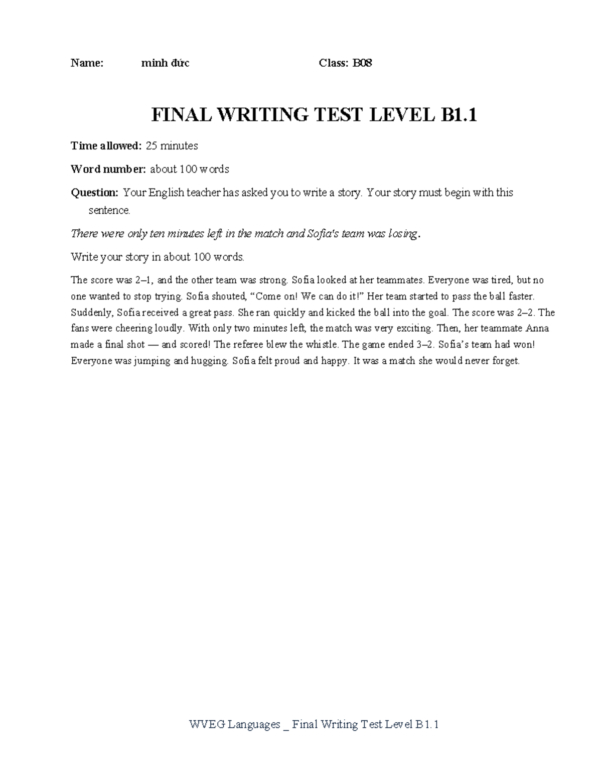 NCU B08 Final Writing Test Level B1.1 - Story Prompt Response - Studocu