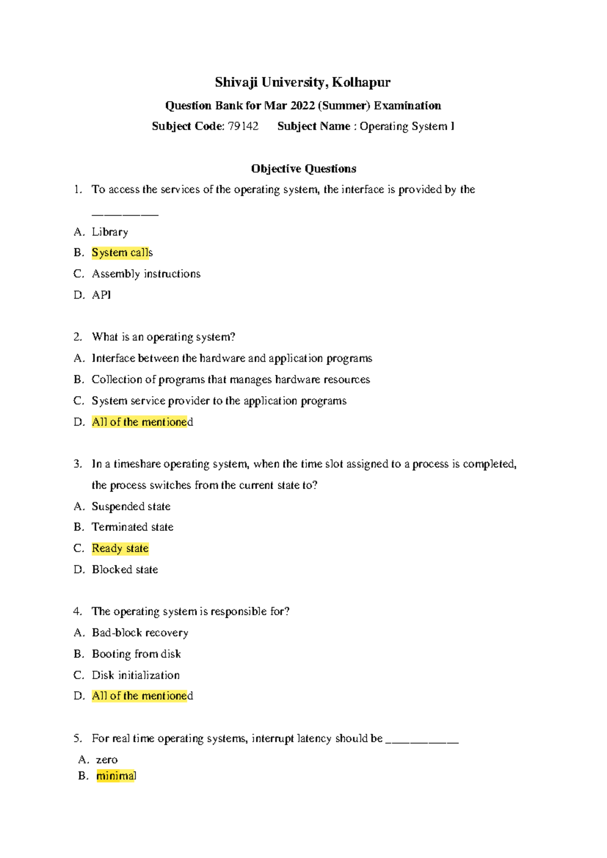 OS-1 Question Bank: Operating System Objective Questions for Mar 2022 ...