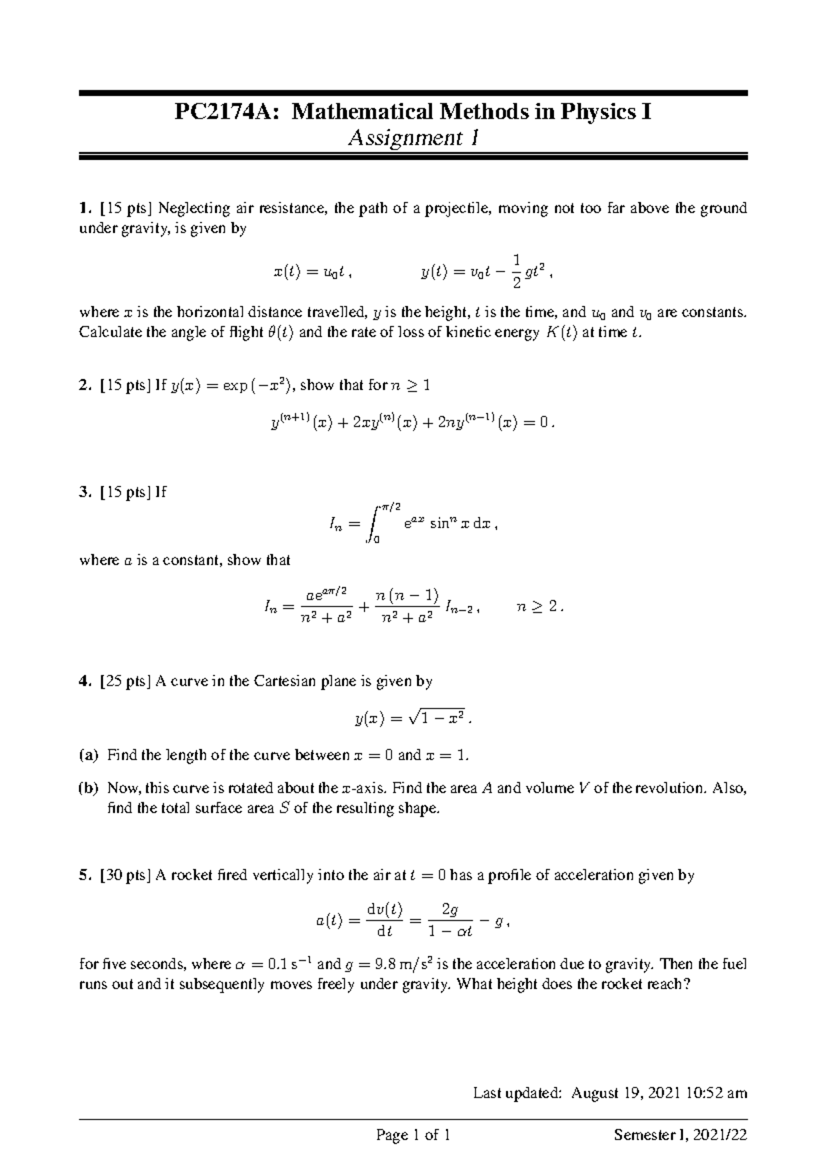PC2174A 2021 Assignment 01: Mathematical Methods in Physics I - Studocu