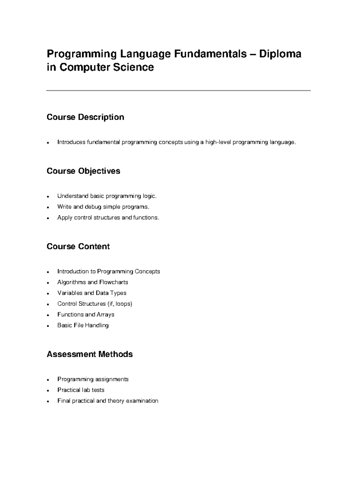 Programming Language Fundamentals Diploma - Programming Language ...