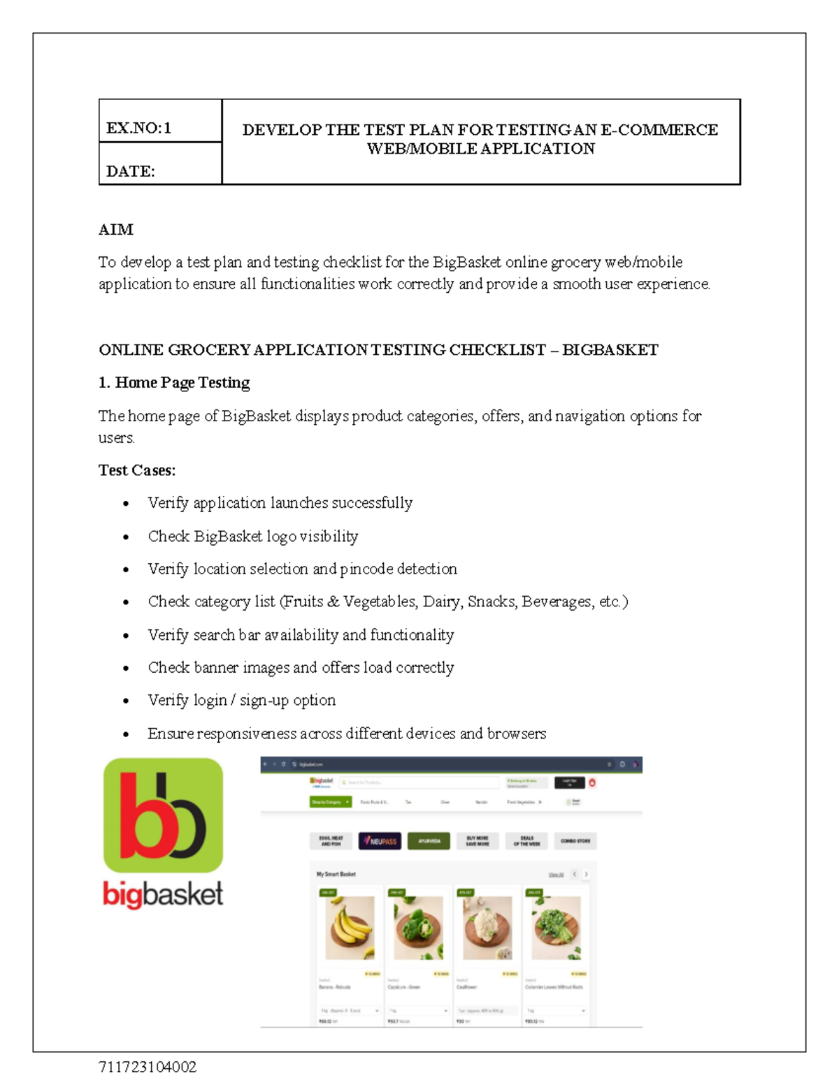 STA EX-1: Test Plan & Checklist for BigBasket App Testing - Studocu