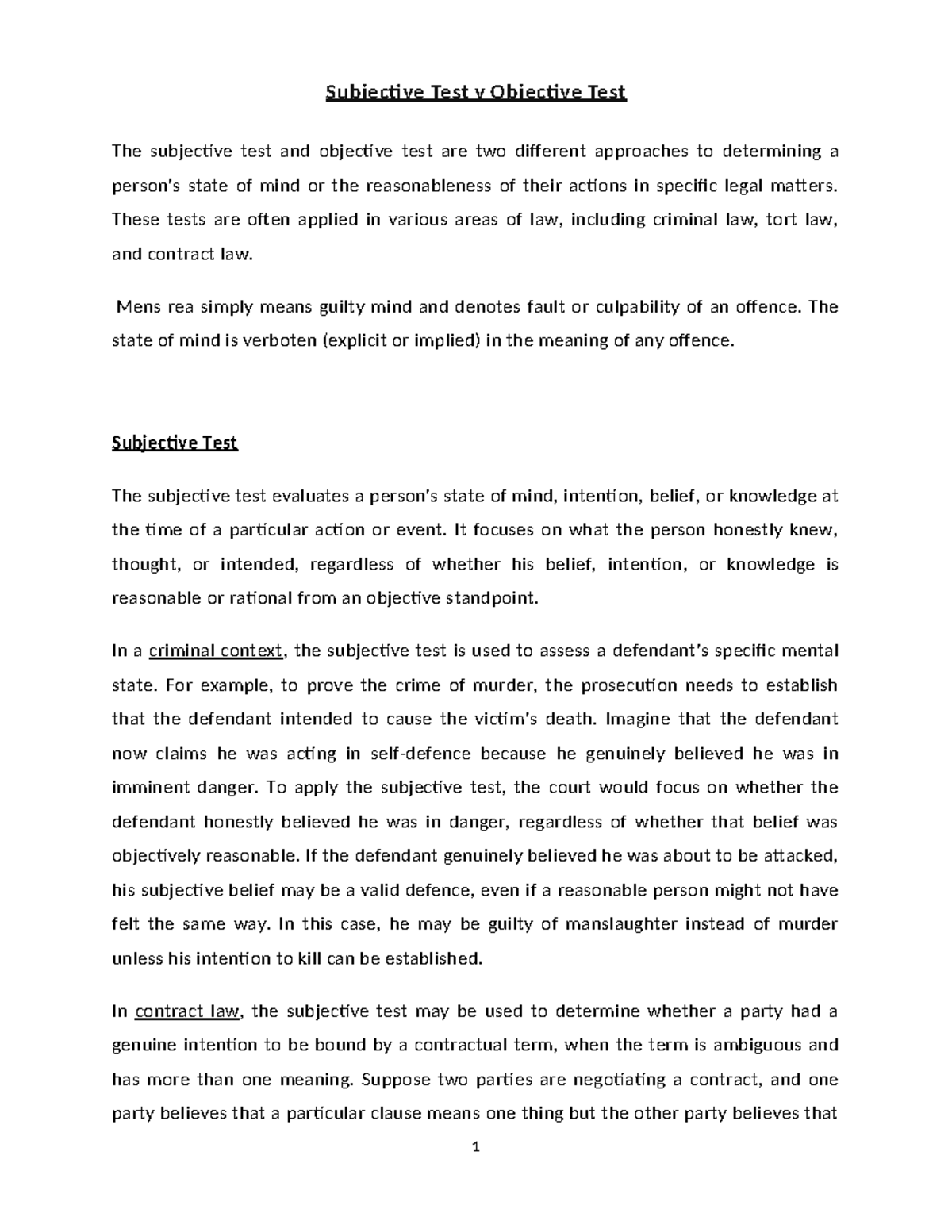 Subjective vs Objective Test in Legal Contexts: A Comparative Analysis ...